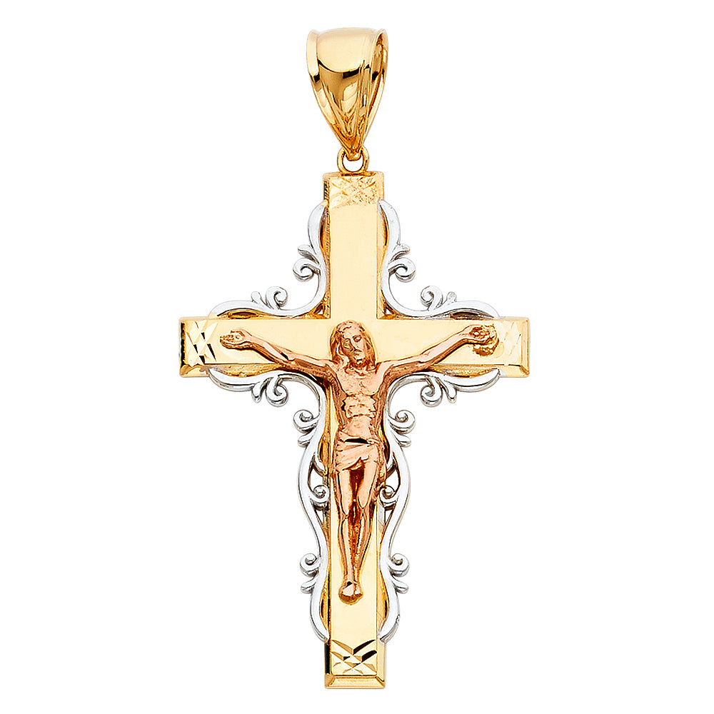 14K Tri-color Gold Religious Crucifix Charm Pendant (48mm x 33mm)