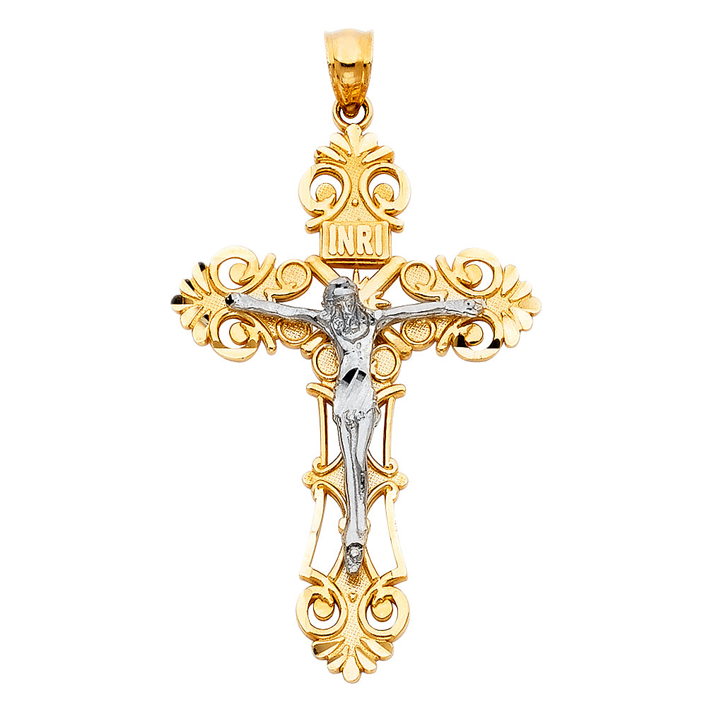 14K Two-Tone Gold Large Religious Crucifix Charm Pendant (53mm x 35mm)
