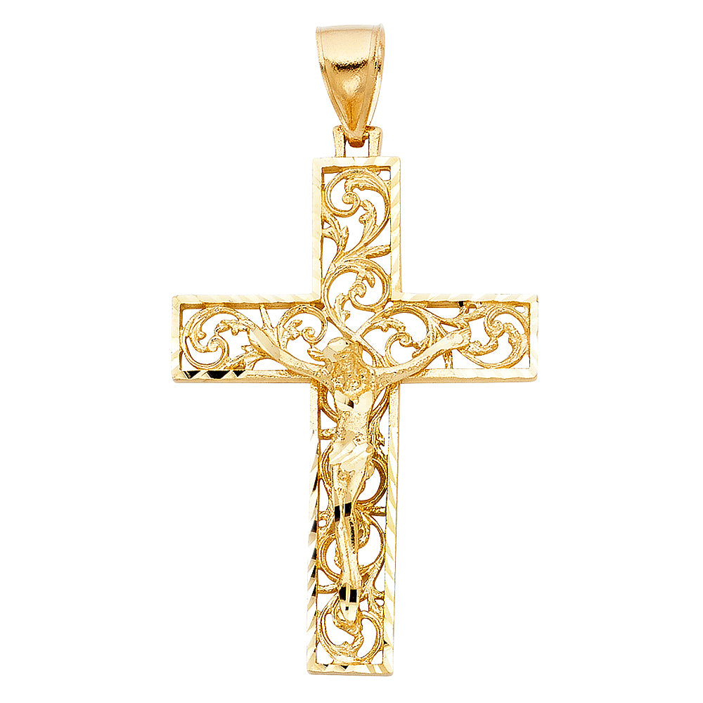14k Yellow Gold Large Religious Fancy Crucifix Charm Pendant (51mm x 36mm)