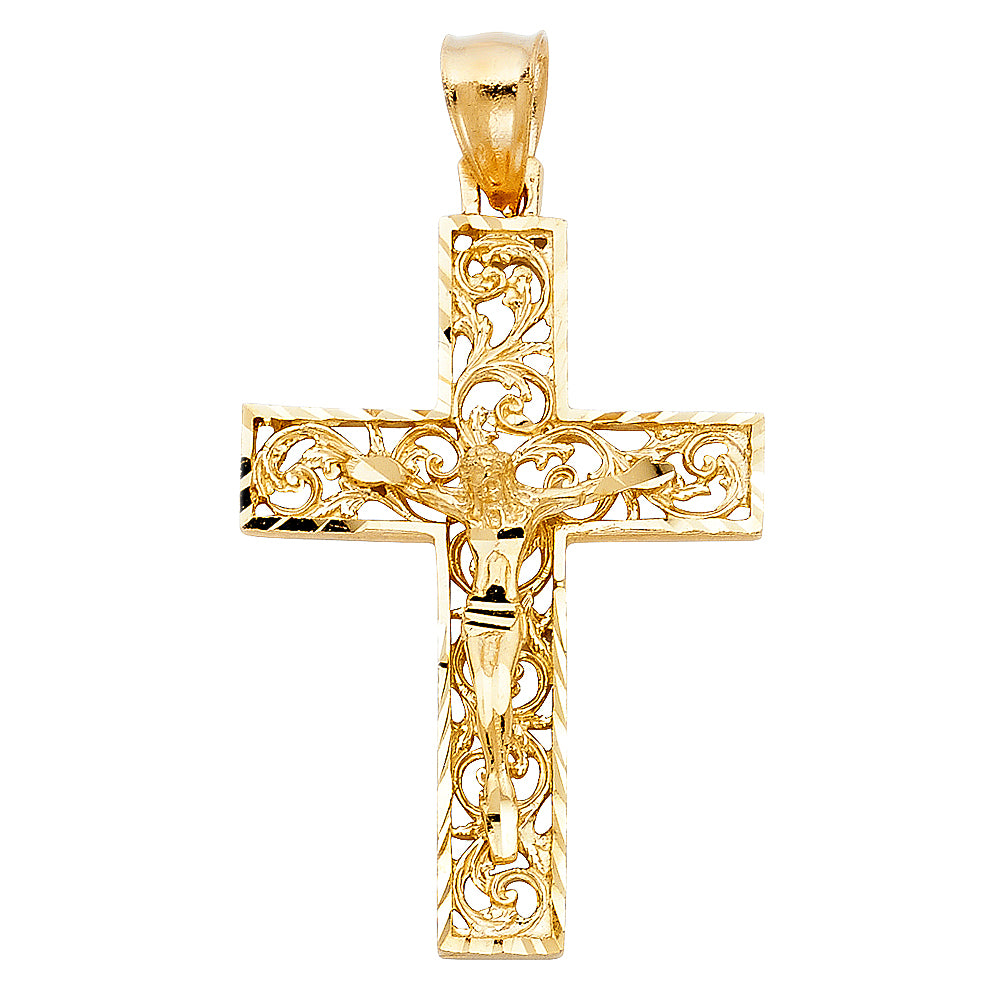 14k Yellow Gold Religious Fancy Crucifix Charm Pendant (40mm x 28mm)