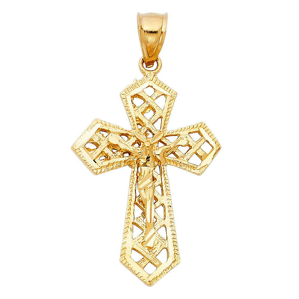 14k Yellow Gold Religious Fancy Crucifix Charm Pendant (32mm x 23mm)