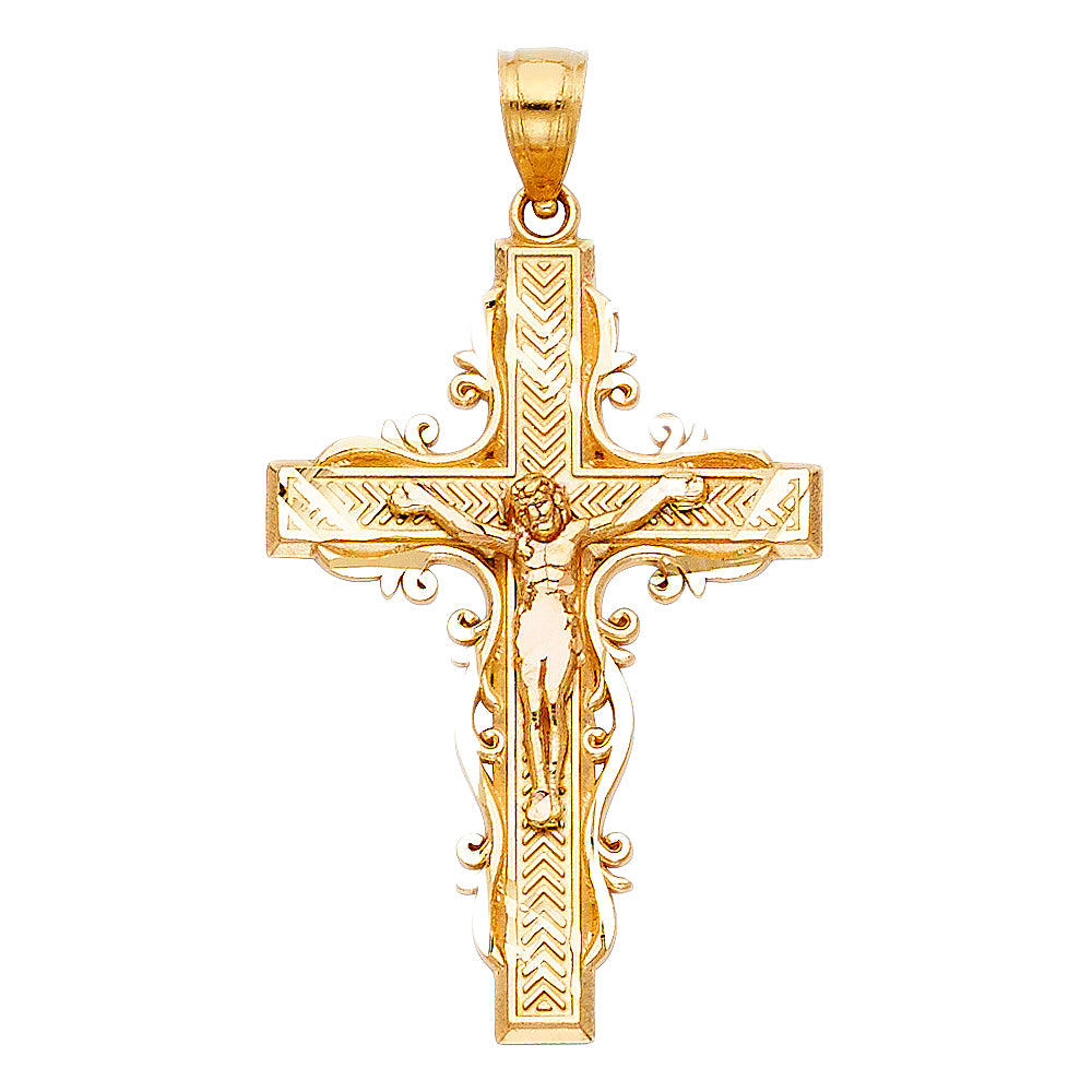 14k Yellow Gold Religious Fancy Crucifix Charm Pendant (34mm x 23mm)