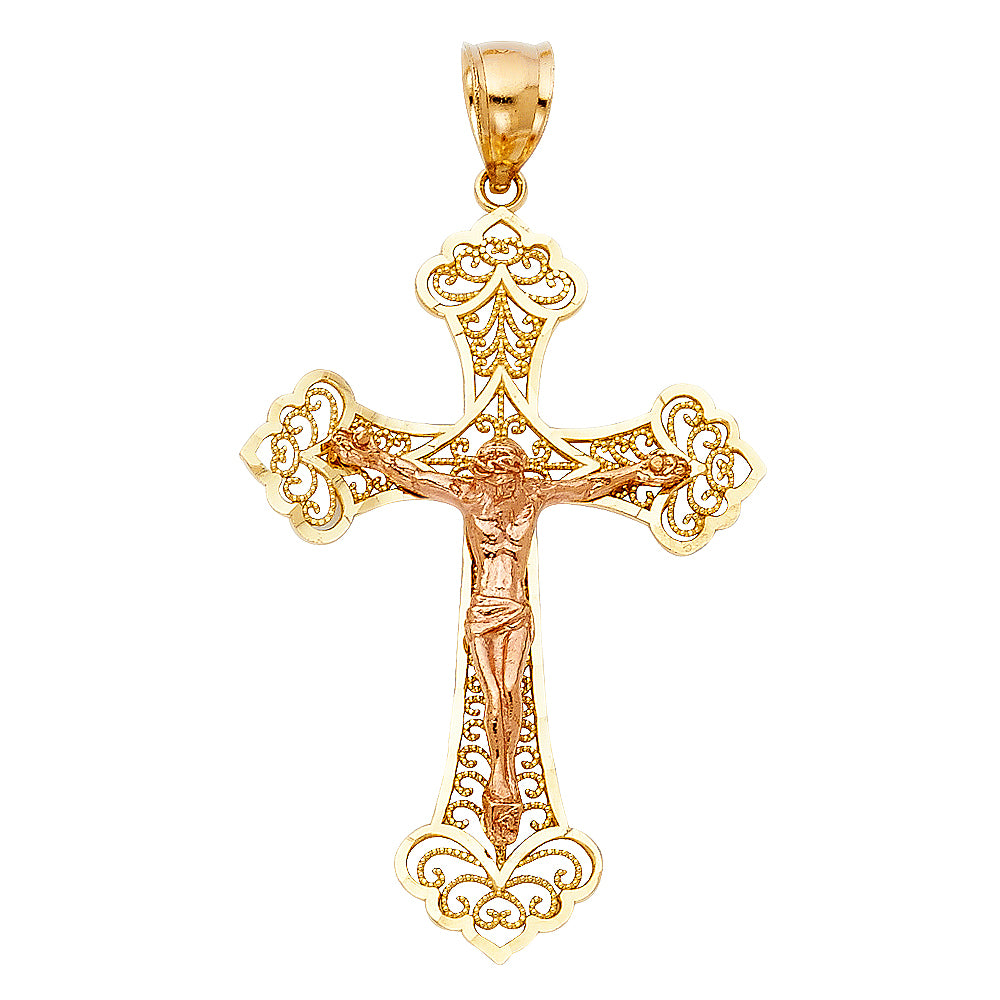 14K Two-tone Gold Religious Fancy Crucifix Charm Pendant (40mm x 28mm)