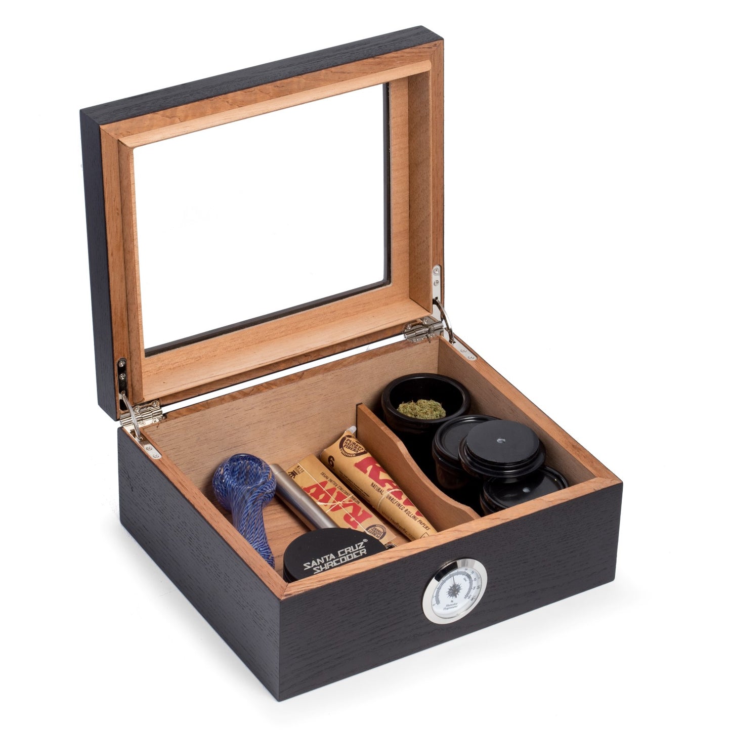 Occasion Gallery Brown "Espresso" Wood Humidor w/ Spanish Cedar Lining & Glass See-thru Lid, Includes Three Hand Crafted Black Marble Two Piece Tobacco & Weed Cannabis Cannisters, a Humidistat & External Hygrometer. 10.25 L x 8.75 W x 4.5 H in.