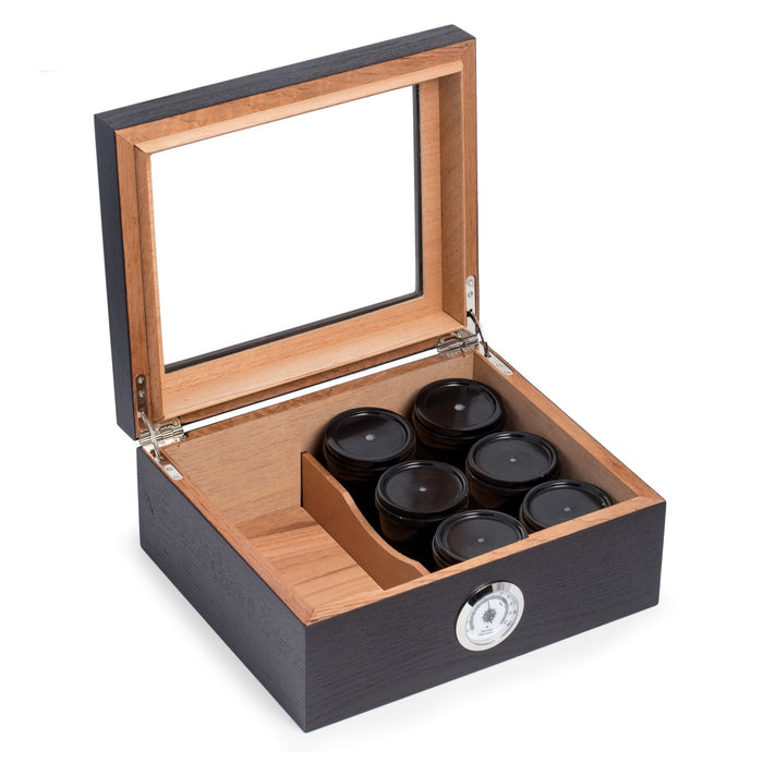 Occasion Gallery Brown "Espresso" Wood Humidor w/ Spanish Cedar Lining & Glass See-thru Lid, Includes Six Hand Crafted Black Marble Two Piece Tobacco & Weed Cannabis Cannisters,  a Humidistat & External Hygrometer. 10.25 L x 8.75 W x 4.5 H in.