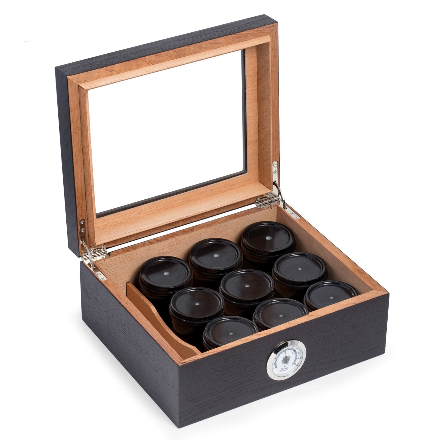 Occasion Gallery BROWN Color "Espresso" Wood Humidor w/ Spanish Cedar Lining & Glass See-thru Lid, Includes Nine Hand Crafted Black Marble Two Piece Tobacco & Weed Cannabis Cannisters, a Humidistat & External Hygrometer. 10.25 L x 8.75 W x 4.5 H in.