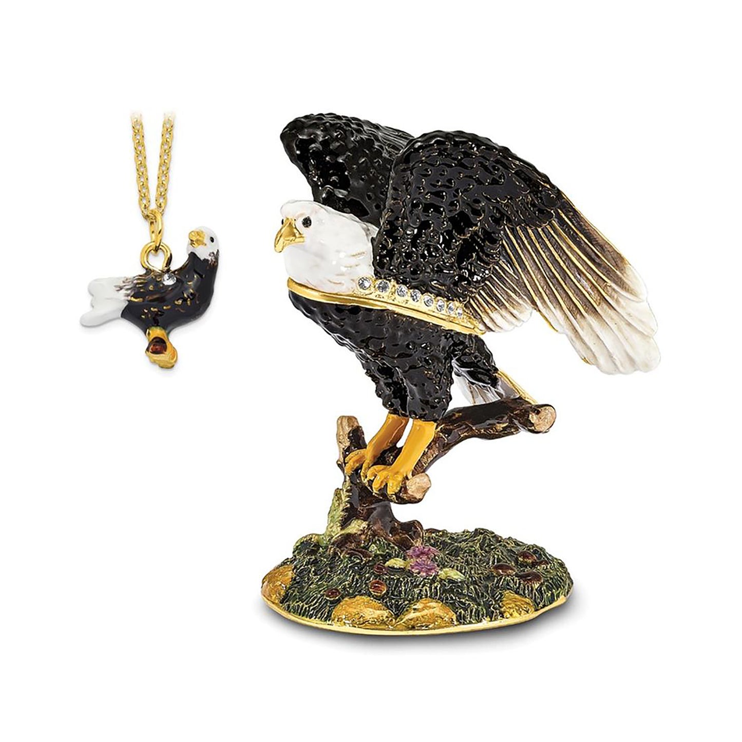 Pewter Bejeweled Crystals Gold-Tone Enameled Liberty Bald Eagle Trinket Container Bejeweled Trinket Box with Matching 18 Inch Necklace, Hand Painted Enameled Collectible Gift