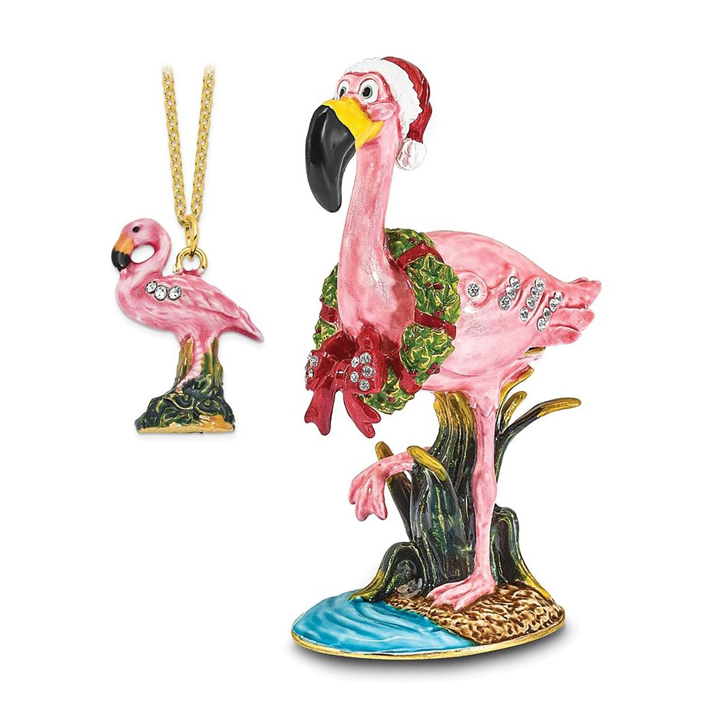 Pewter Bejeweled Crystals Gold-Tone Enameled Lefty Holiday Flamingo Trinket Container Bejeweled Trinket Box with Matching 18 Inch Necklace, Hand Painted Enameled Collectible Gift