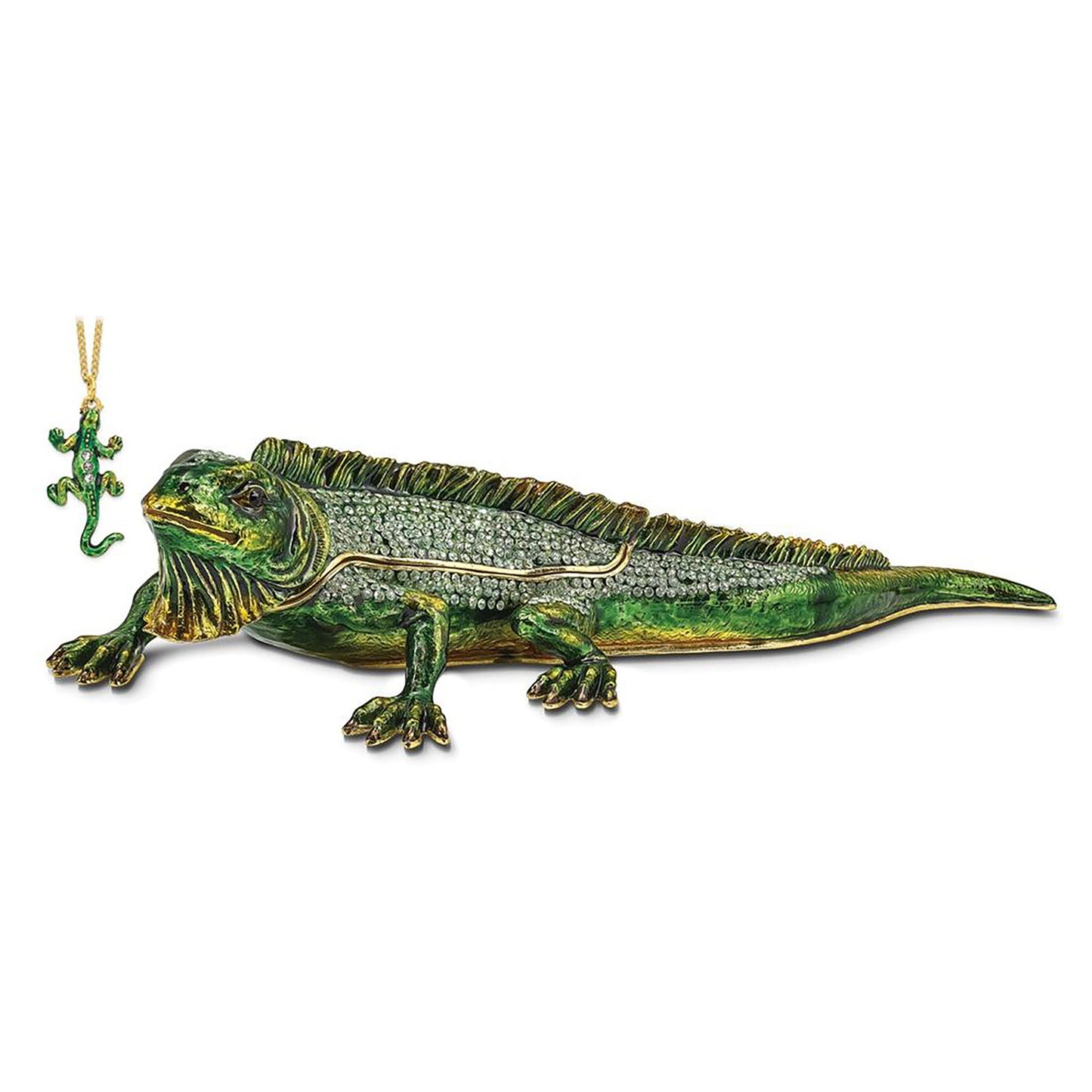 Pewter Bejeweled Crystals Gold-Tone Enameled Iggy Iguana Trinket Container Bejeweled Trinket Box with Matching 18 Inch Necklace, Hand Painted Enameled Collectible Gift