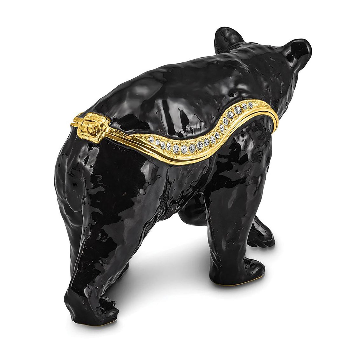 Pewter Bejeweled Crystals Gold-Tone Enameled Smokey Walking Black Bear Trinket Container Bejeweled Trinket Box with Matching 18 Inch Necklace, Hand Painted Enameled Collectible Gift