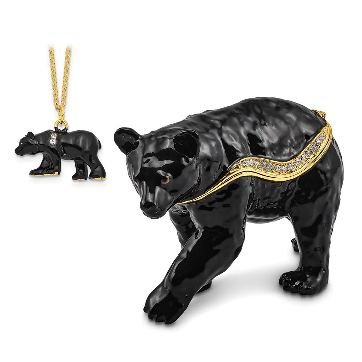 Pewter Bejeweled Crystals Gold-Tone Enameled Smokey Walking Black Bear Trinket Container Bejeweled Trinket Box with Matching 18 Inch Necklace, Hand Painted Enameled Collectible Gift
