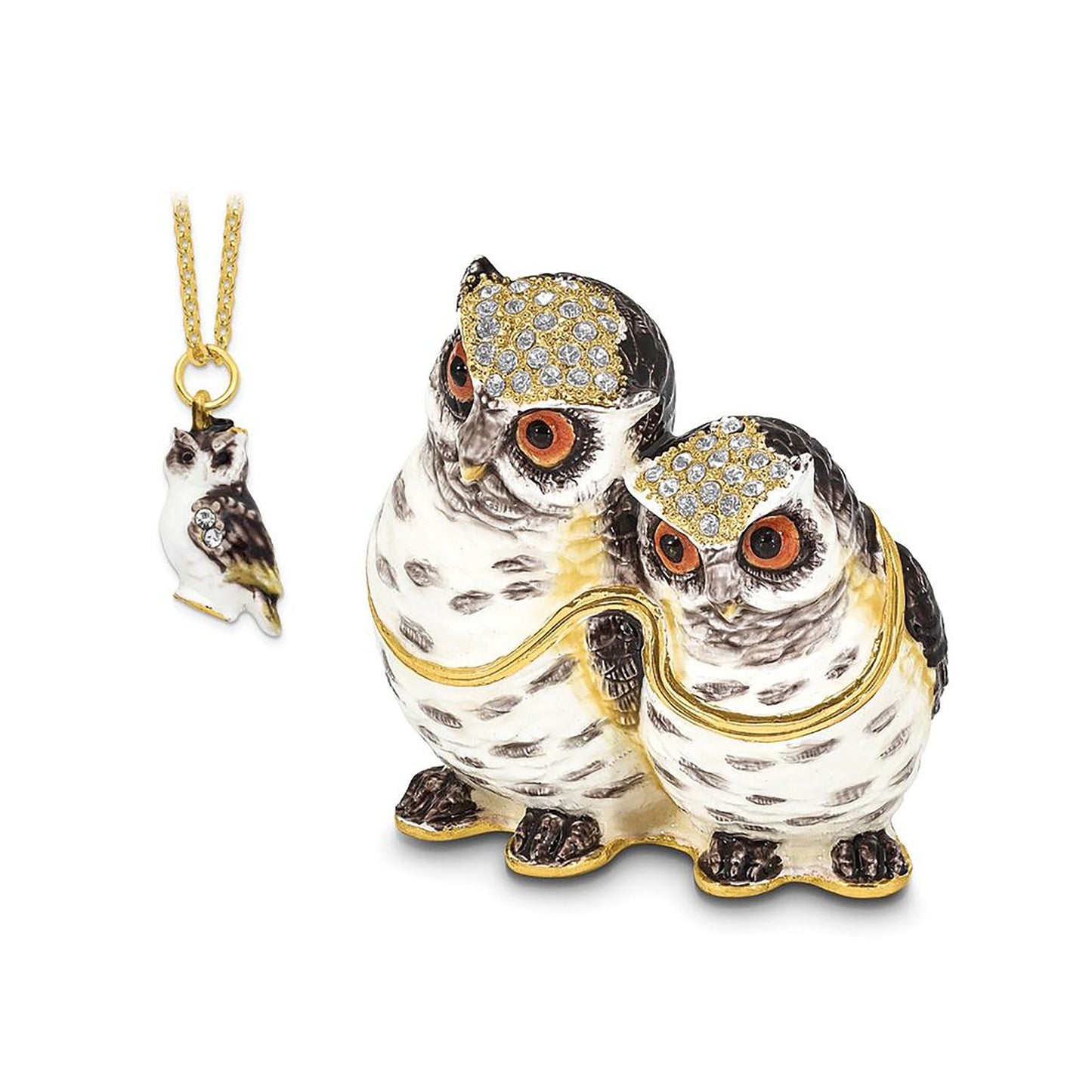 Pewter Bejeweled Crystals Gold-Tone Enameled Olga And Omar Mother And Baby Owl Trinket Container Bejeweled Trinket Box with Matching 18 Inch Necklace, Hand Painted Enameled Collectible Gift