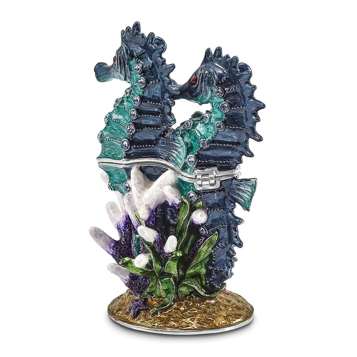 Pewter Bejeweled Crystals Silver-Tone Enameled Echo Twin Sea Horse Trinket Container Bejeweled Trinket Box with Matching 18 Inch Necklace, Hand Painted Enameled Collectible Gift