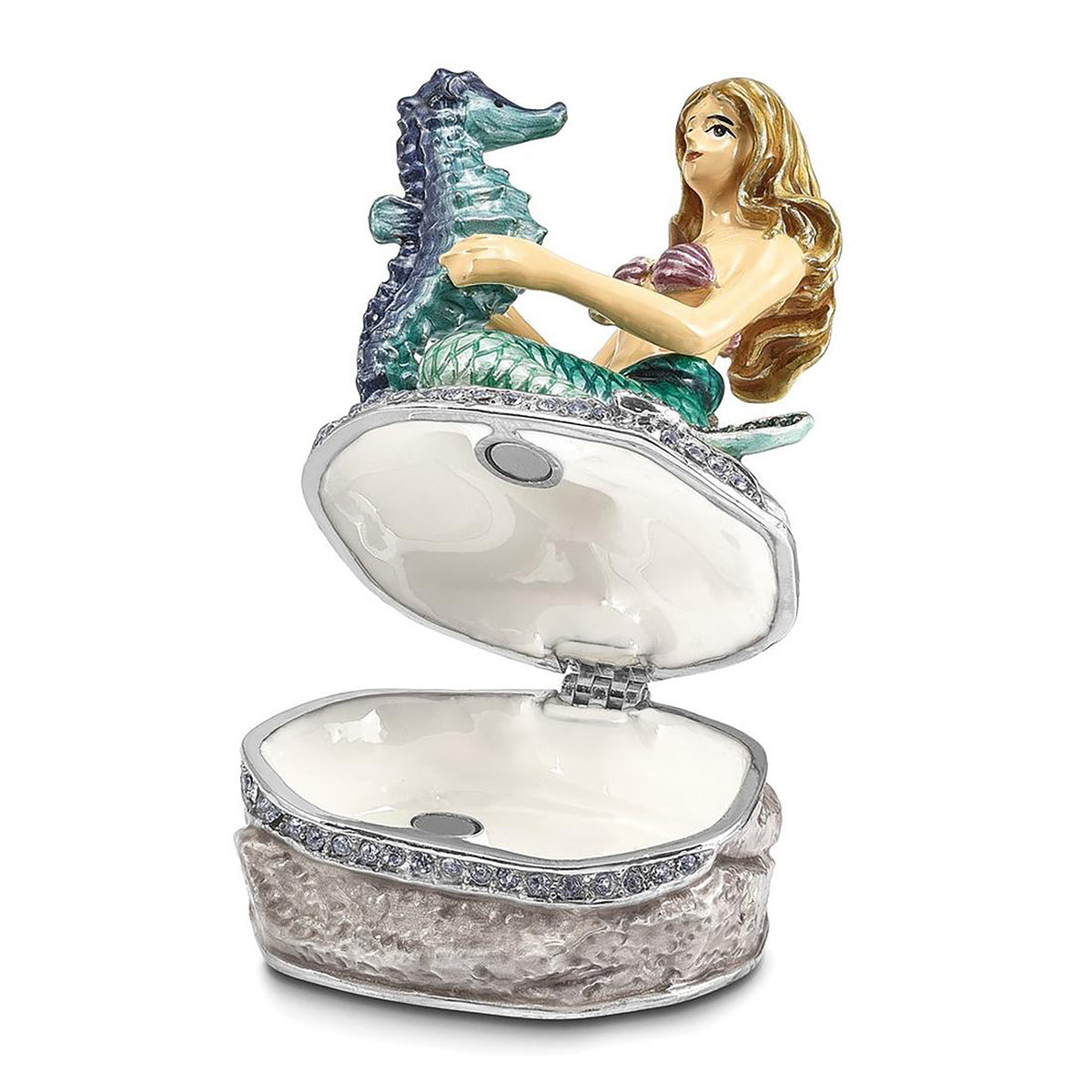 Pewter Bejeweled Crystals Silver-Tone Enameled Adella Mermaid w Seahorse Trinket Container Bejeweled Trinket Box with Matching 18 Inch Necklace, Hand Painted Enameled Collectible Gift