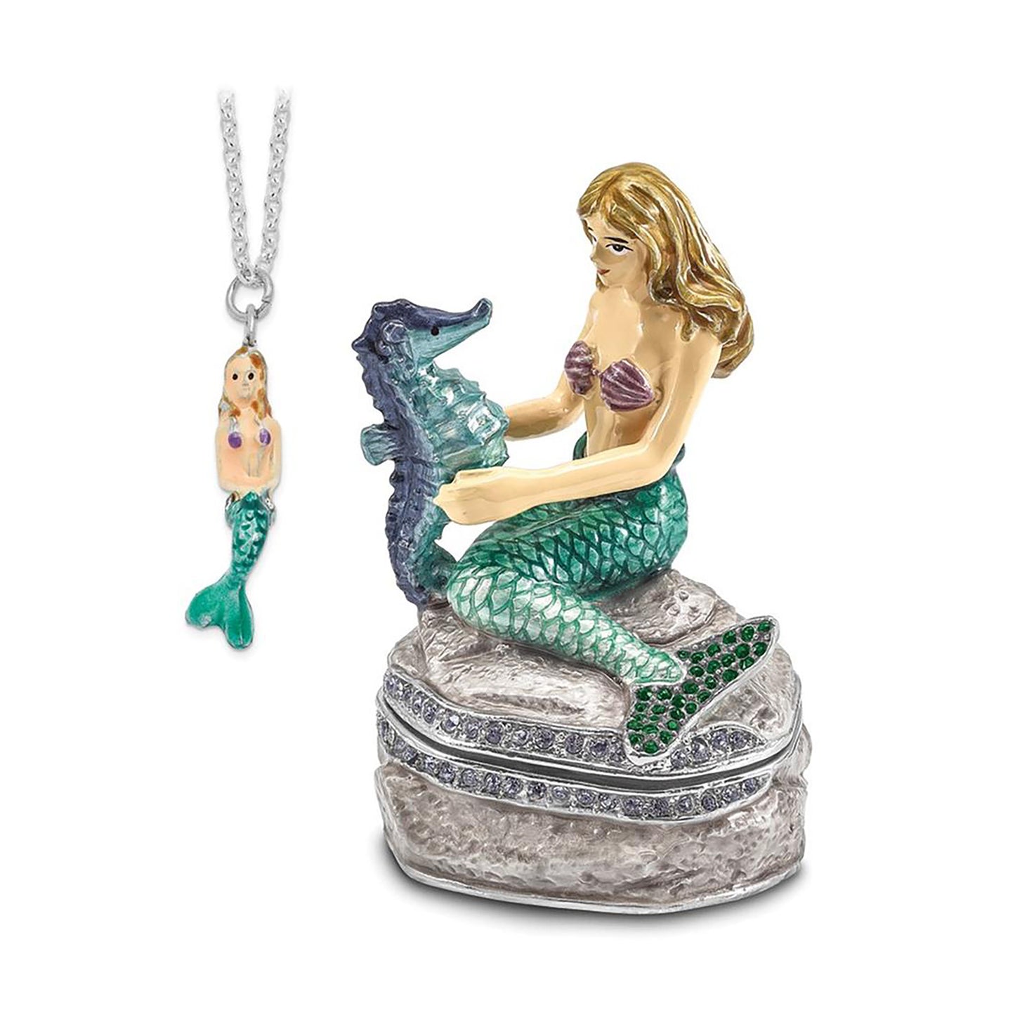 Pewter Bejeweled Crystals Silver-Tone Enameled Adella Mermaid w Seahorse Trinket Container Bejeweled Trinket Box with Matching 18 Inch Necklace, Hand Painted Enameled Collectible Gift