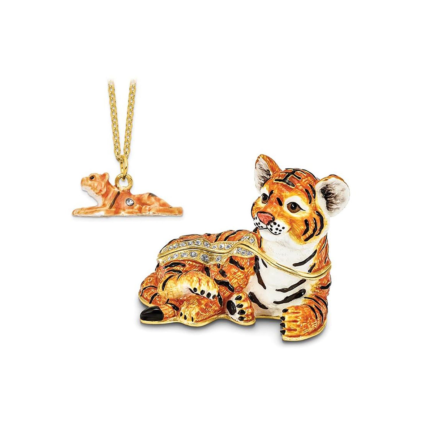 Pewter Bejeweled Crystals Gold-Tone Enameled Tonda Young Tiger Trinket Container Bejeweled Trinket Box with Matching 18 Inch Necklace, Hand Painted Enameled Collectible Gift