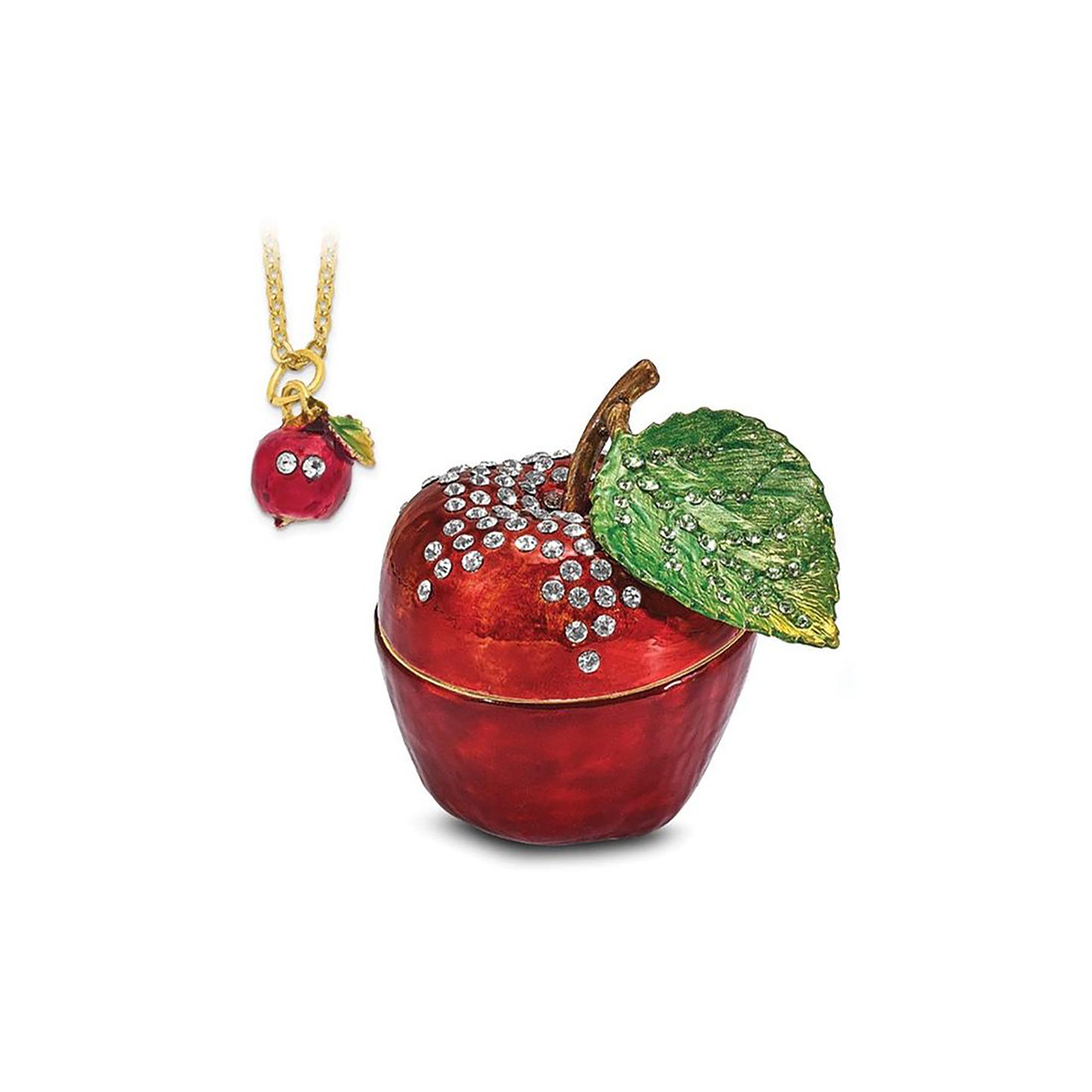 Pewter Bejeweled Crystals Gold-Tone Enameled Delicious Apple Trinket Container Bejeweled Trinket Box with Matching 18 Inch Necklace, Hand Painted Enameled Collectible Gift