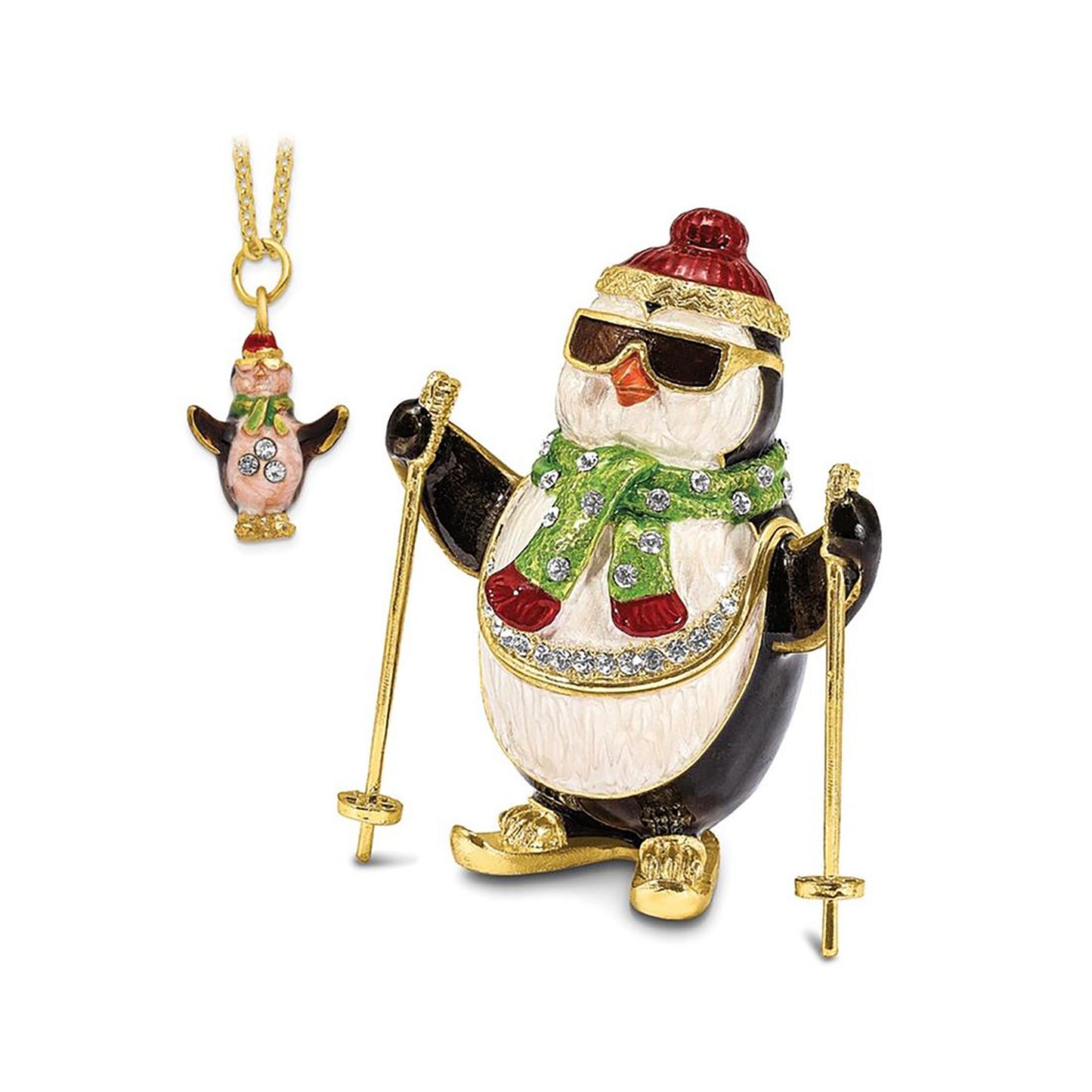 Pewter Bejeweled Crystals Gold-Tone Enameled Koolio Skiing Penguin Trinket Container Bejeweled Trinket Box with Matching 18 Inch Necklace, Hand Painted Enameled Collectible Gift