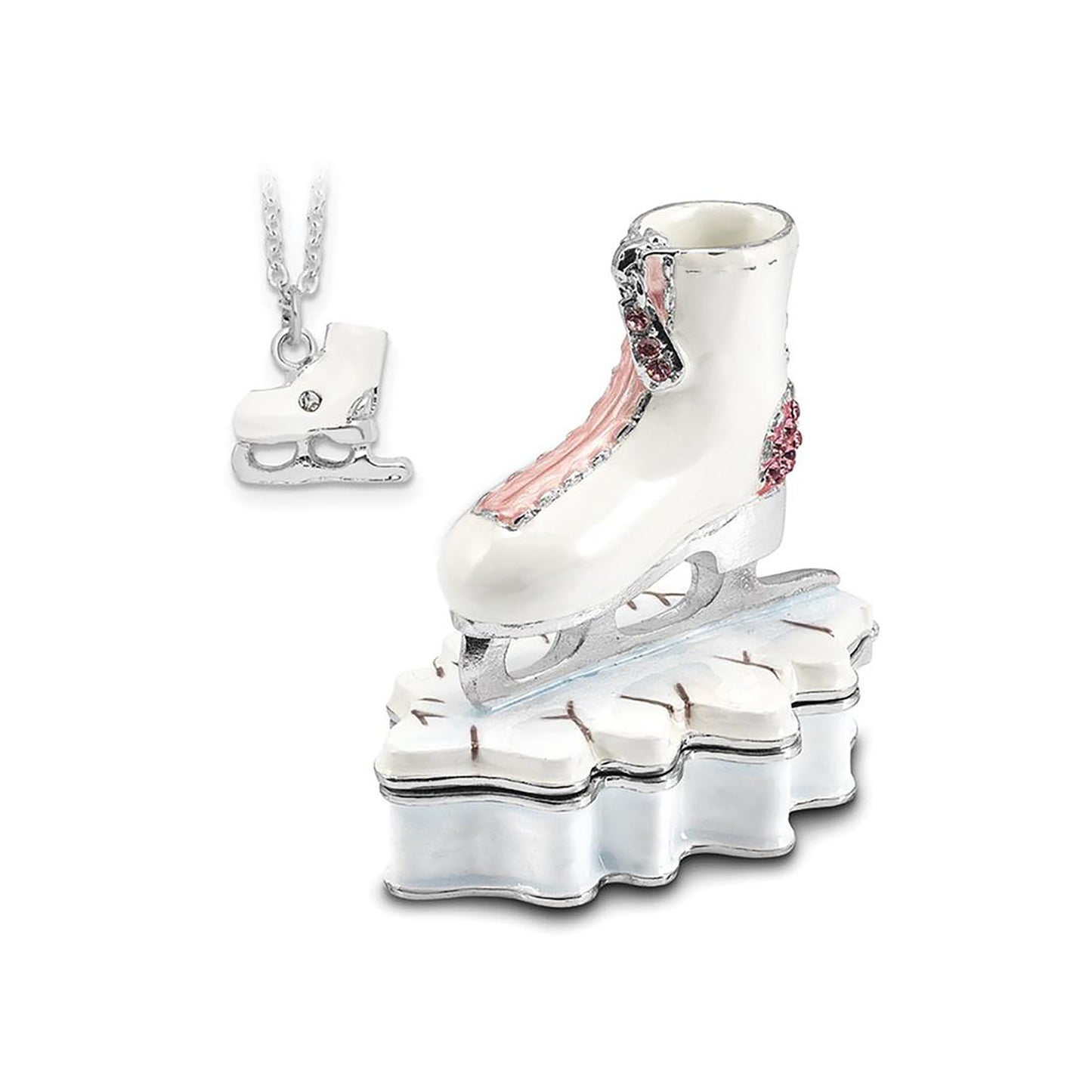 Pewter Bejeweled Crystals Silver-Tone Enameled Glider Pink And White Ice Skate Trinket Container Bejeweled Trinket Box with Matching 18 Inch Necklace, Hand Painted Enameled Collectible Gift