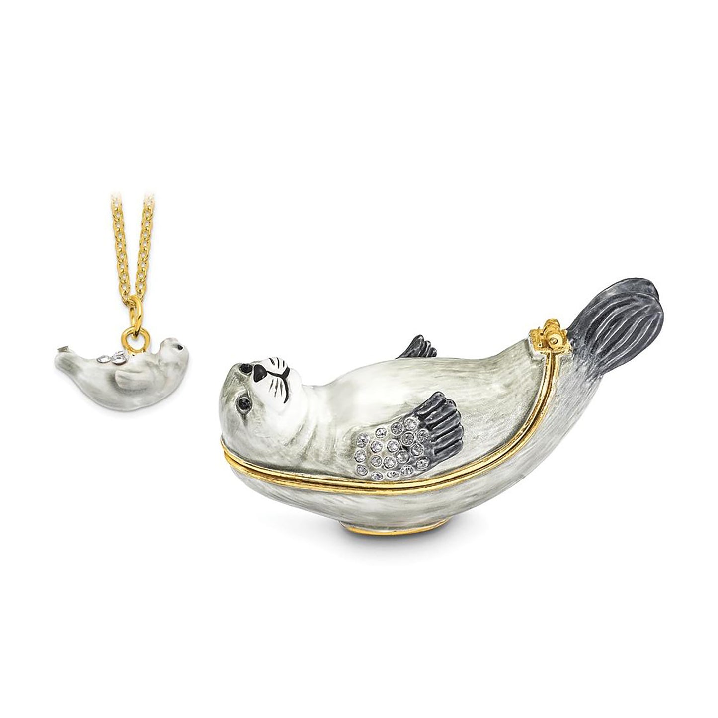 Pewter Bejeweled Crystals Gold-Tone Enameled Bertram Grey And White Seal Trinket Container Bejeweled Trinket Box with Matching 18 Inch Necklace, Hand Painted Enameled Collectible Gift