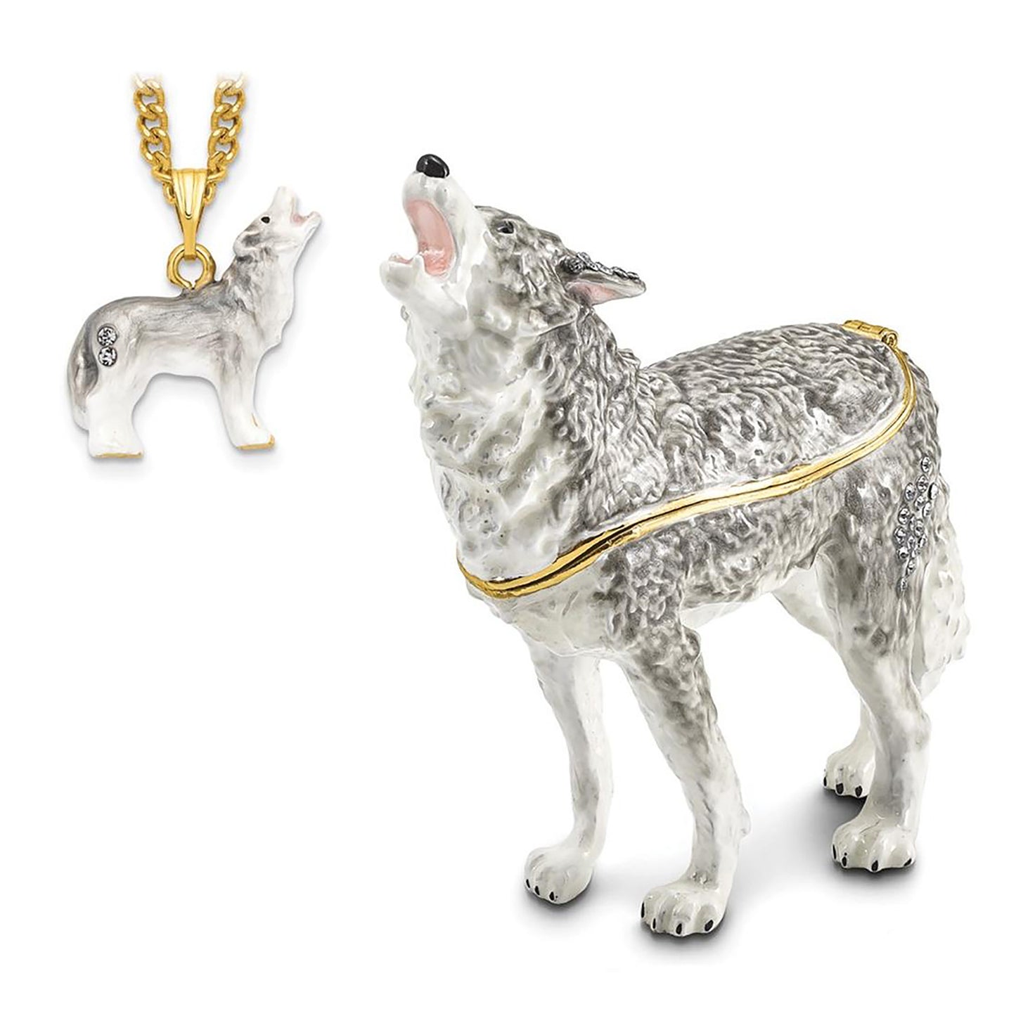 Pewter Bejeweled Crystals Gold-Tone Enameled Jack Howling Wolf Trinket Container Bejeweled Trinket Box with Matching 18 Inch Necklace, Hand Painted Enameled Collectible Gift