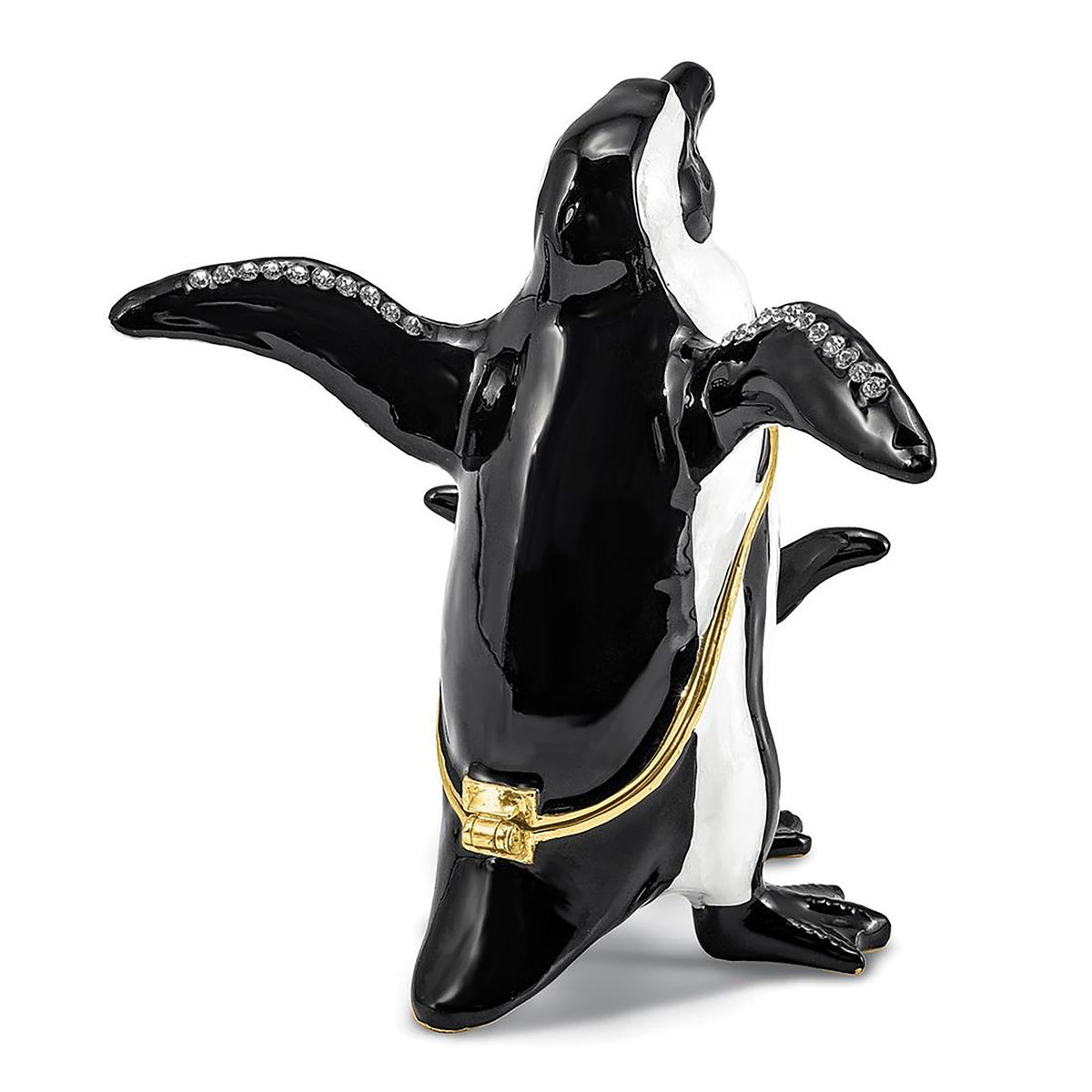 Pewter Bejeweled Crystals Gold-Tone Enameled Patty And Pom Penguin And Baby Trinket Container Bejeweled Trinket Box with Matching 18 Inch Necklace, Hand Painted Enameled Collectible Gift