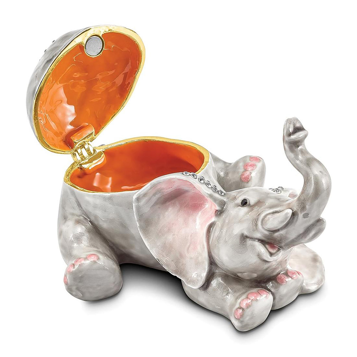 Pewter Bejeweled Crystals Gold-Tone Enameled Ellery Falling Baby Elephant Trinket Container Bejeweled Trinket Box with Matching 18 Inch Necklace, Hand Painted Enameled Collectible Gift