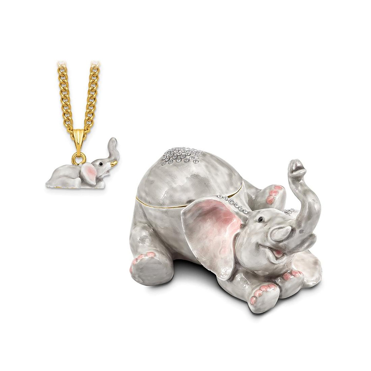 Pewter Bejeweled Crystals Gold-Tone Enameled Ellery Falling Baby Elephant Trinket Container Bejeweled Trinket Box with Matching 18 Inch Necklace, Hand Painted Enameled Collectible Gift