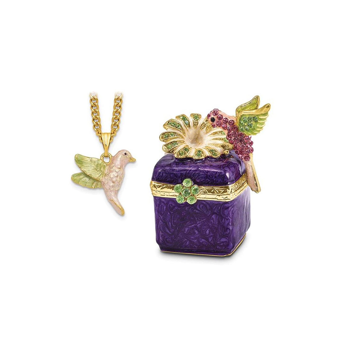 Pewter Bejeweled Crystals Gold-Tone Enameled Harlow Purple Box/Flower/Hummingbird Trinket Container Bejeweled Trinket Box with Matching 18 Inch Necklace, Hand Painted Enameled Collectible Gift