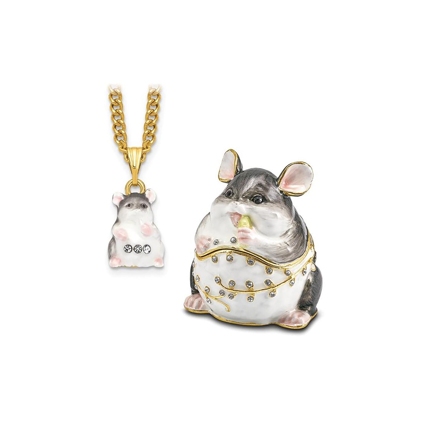 Pewter Bejeweled Crystals Gold-Tone Enameled Uncle Joe Chubby Mouse Trinket Container Bejeweled Trinket Box with Matching 18 Inch Necklace, Hand Painted Enameled Collectible Gift