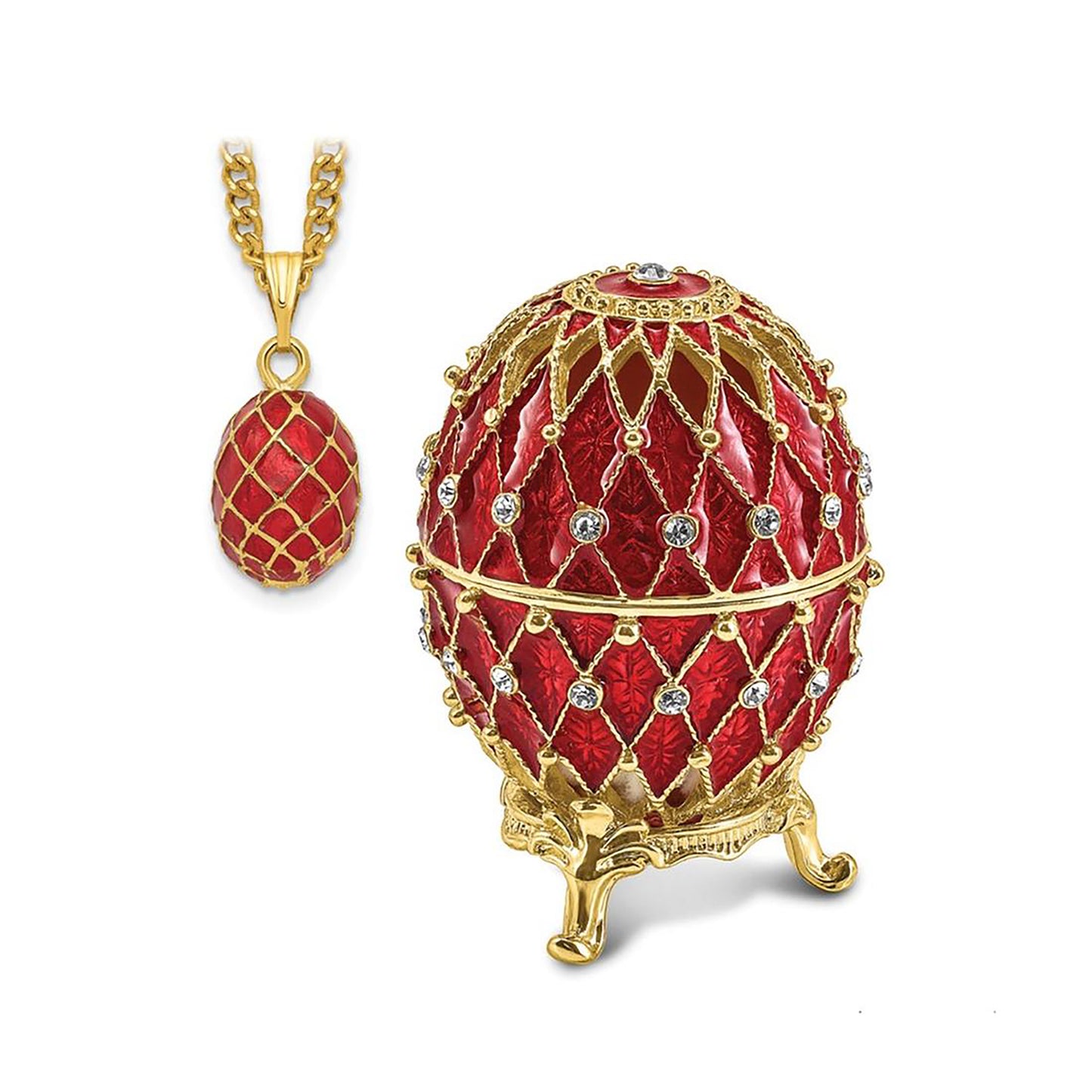 Pewter Bejeweled Crystals Gold-Tone Enameled Valentine Ruby Red W/Ring Pad Trinket Container Bejeweled Trinket Box with Matching 18 Inch Necklace, Hand Painted Enameled Collectible Gift