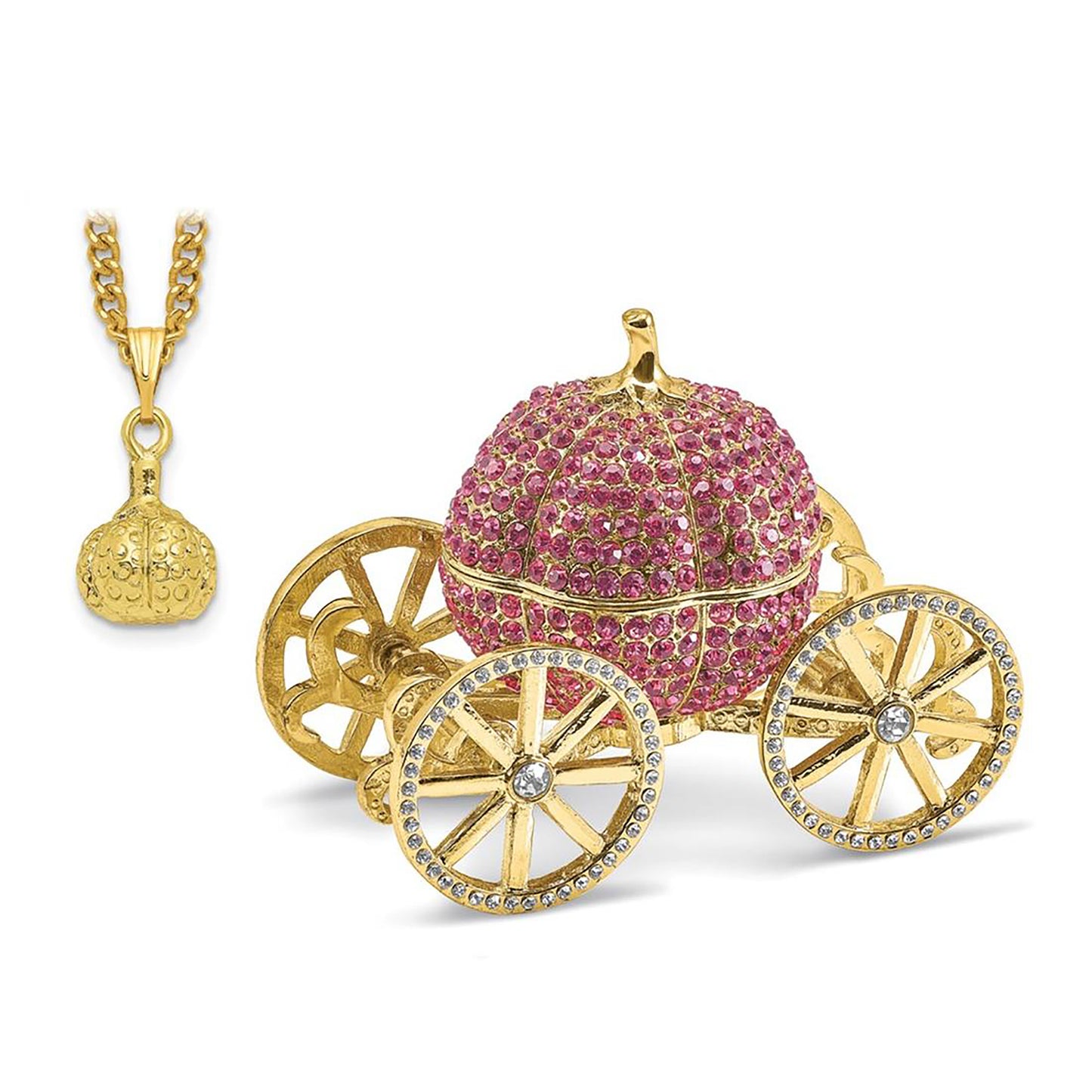 Pewter Bejeweled Crystals Gold-Tone Enameled Eternally Yours Pink Pumpkin Coach W/Ring Pad Trinket Container Bejeweled Trinket Box with Matching 18 Inch Necklace, Hand Painted Enameled Collectible Gift