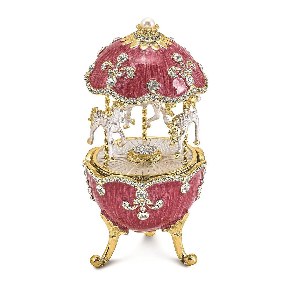 Pewter Bejeweled Crystals Gold-Tone Enameled Carousel (Plays It'S A Small World) Musical Egg Figurine Bejeweled Trinket Box with Matching 18 Inch Necklace, Hand Painted Enameled Collectible Gift