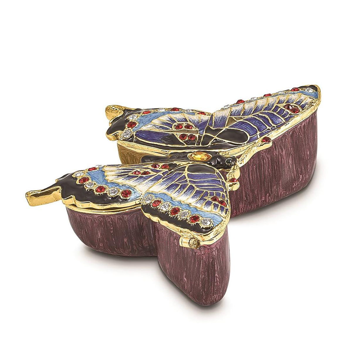 Pewter Bejeweled Crystals Gold-Tone Enameled Jeannie Blue Butterfly Trinket Container Bejeweled Trinket Box with Matching 18 Inch Necklace, Hand Painted Enameled Collectible Gift