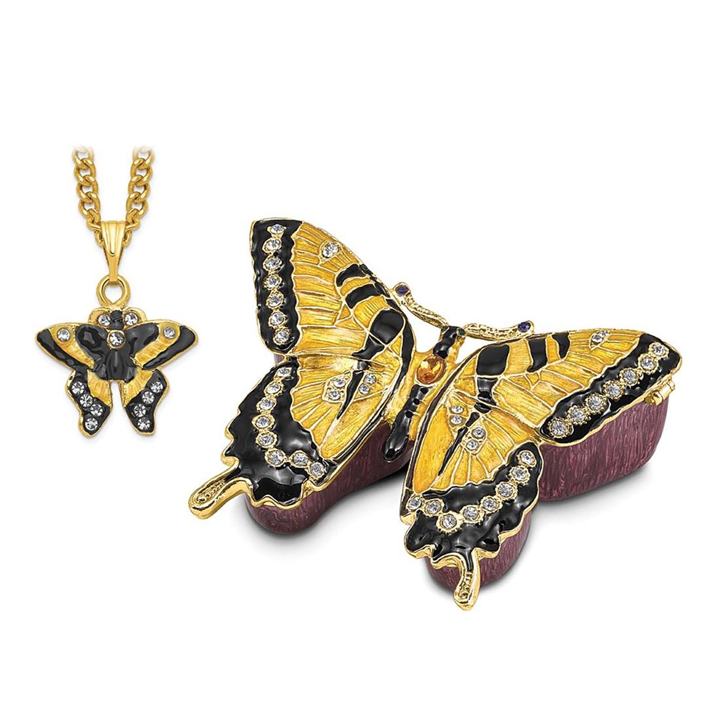 Pewter Bejeweled Crystals Gold-Tone Enameled Marion Yellow Monarch Butterfly Trinket Container Bejeweled Trinket Box with Matching 18 Inch Necklace, Hand Painted Enameled Collectible Gift