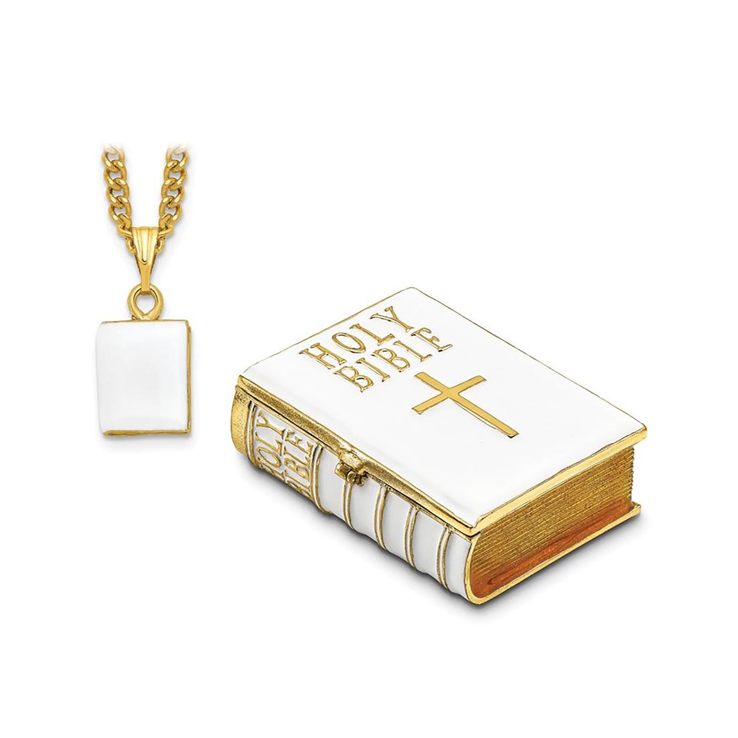 Pewter Bejeweled Crystals Gold-Tone Enameled Prayer White Bible Trinket Container Bejeweled Trinket Box with Matching 18 Inch Necklace, Hand Painted Enameled Collectible Gift