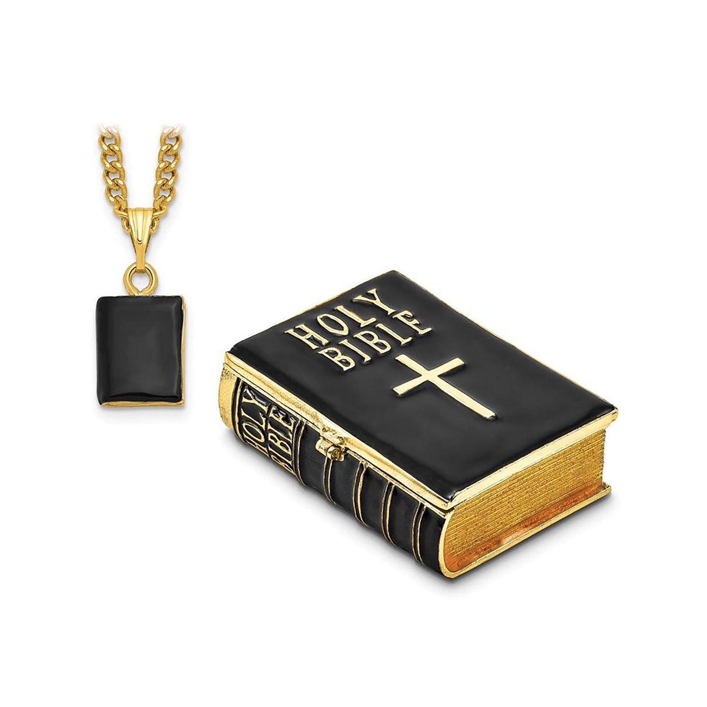 Pewter Bejeweled Crystals Gold-Tone Enameled Devotion Black Bible Trinket Container Bejeweled Trinket Box with Matching 18 Inch Necklace, Hand Painted Enameled Collectible Gift