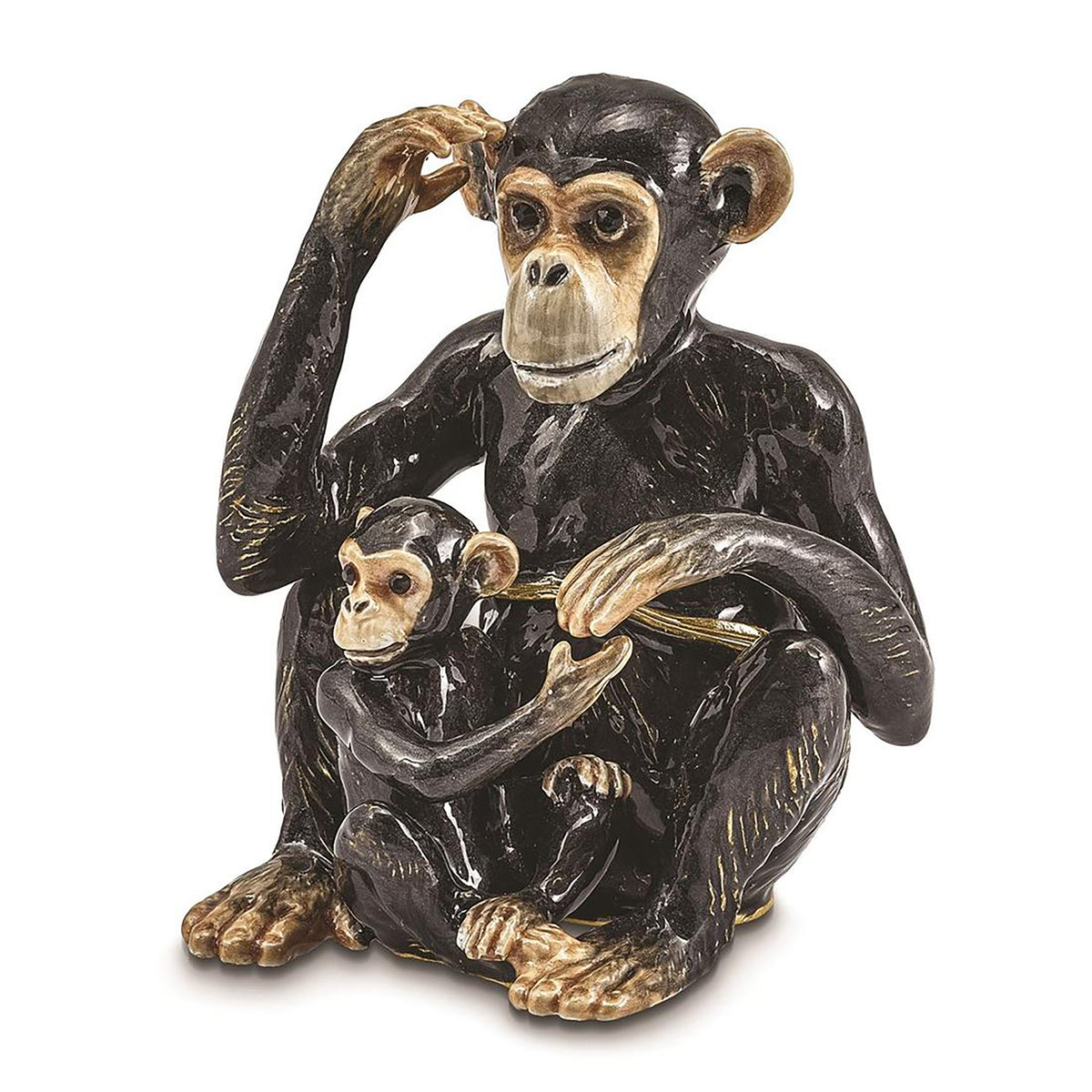 Pewter Bejeweled Crystals Gold-Tone Enameled Chia And Chi Chi Chimpanzee And Baby Trinket Container Bejeweled Trinket Box with Matching 18 Inch Necklace, Hand Painted Enameled Collectible Gift
