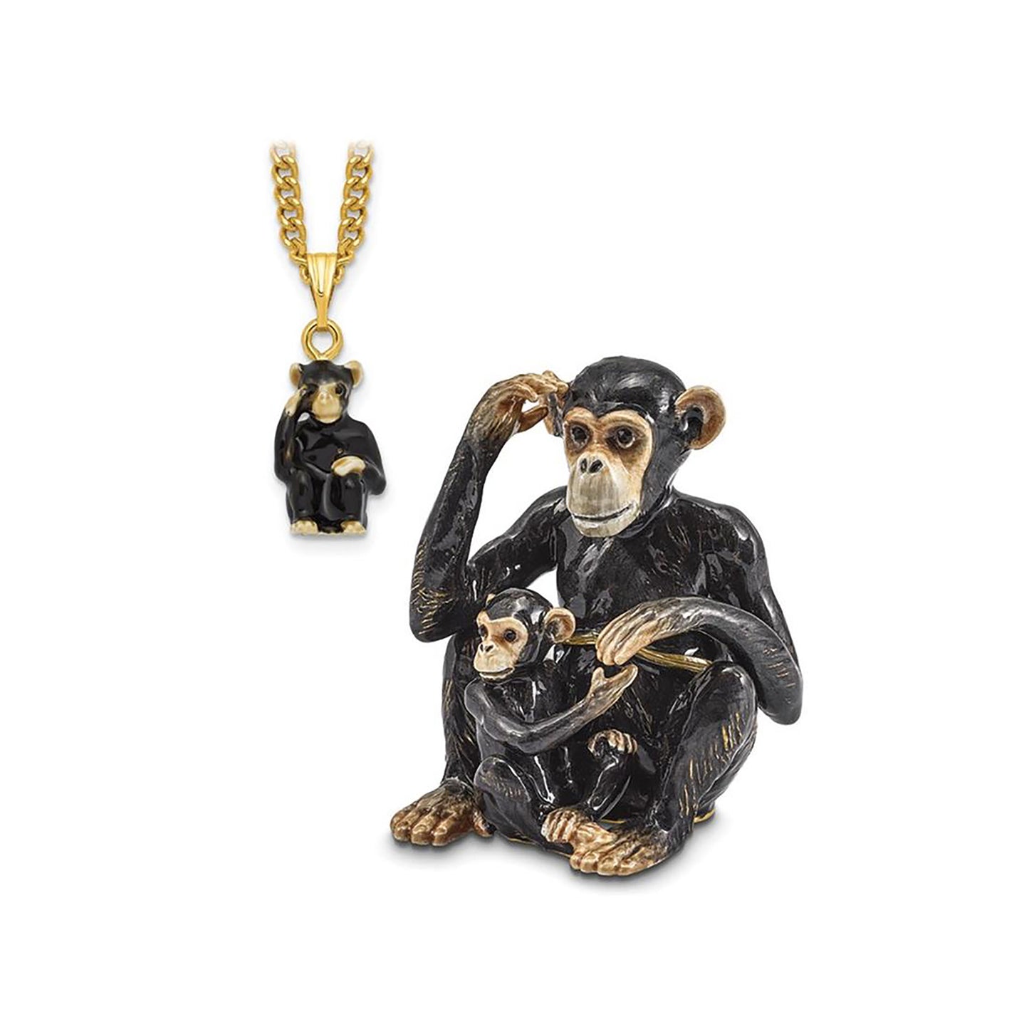 Pewter Bejeweled Crystals Gold-Tone Enameled Chia And Chi Chi Chimpanzee And Baby Trinket Container Bejeweled Trinket Box with Matching 18 Inch Necklace, Hand Painted Enameled Collectible Gift