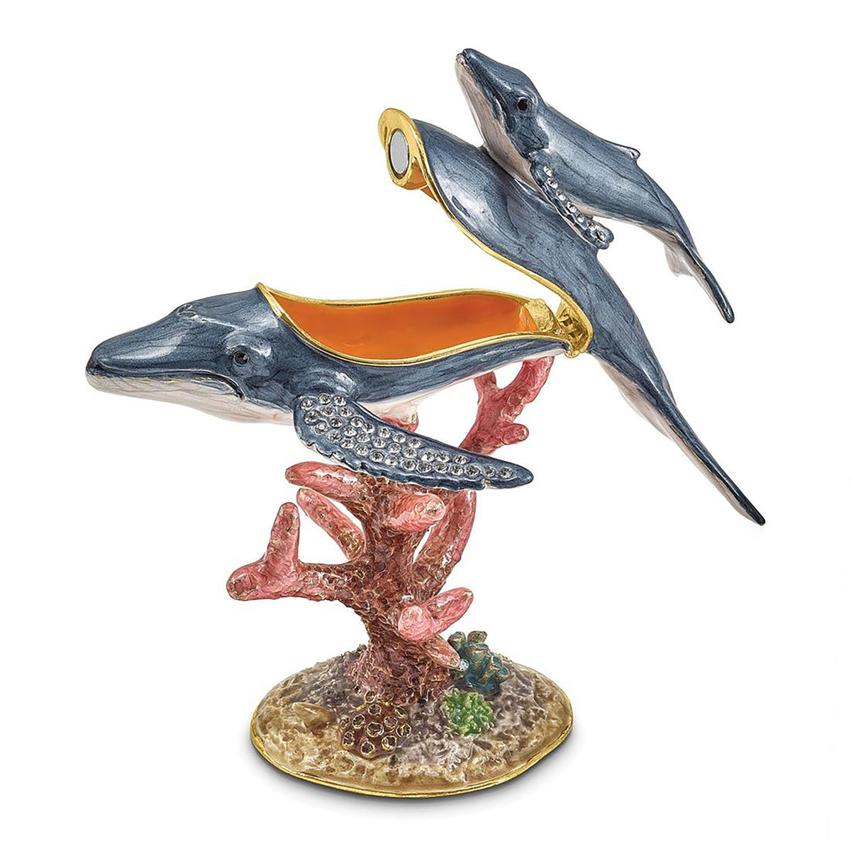 Pewter Bejeweled Crystals Gold-Tone Enameled Wynn And Wallis Blue Whale And Baby Trinket Container Bejeweled Trinket Box with Matching 18 Inch Necklace, Hand Painted Enameled Collectible Gift