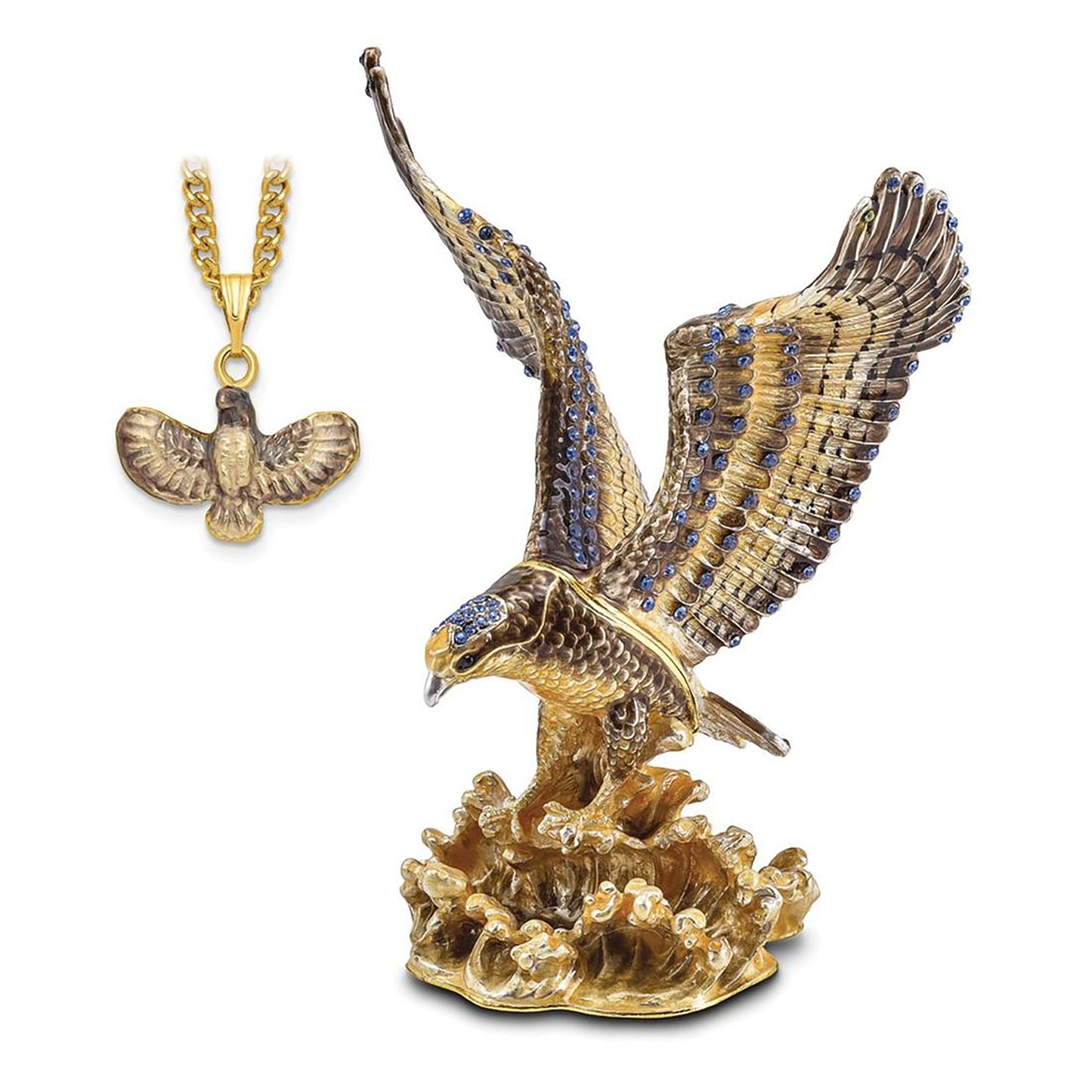 Pewter Bejeweled Crystals Gold-Tone Enameled Valiant Golden Eagle Trinket Container Bejeweled Trinket Box with Matching 18 Inch Necklace, Hand Painted Enameled Collectible Gift