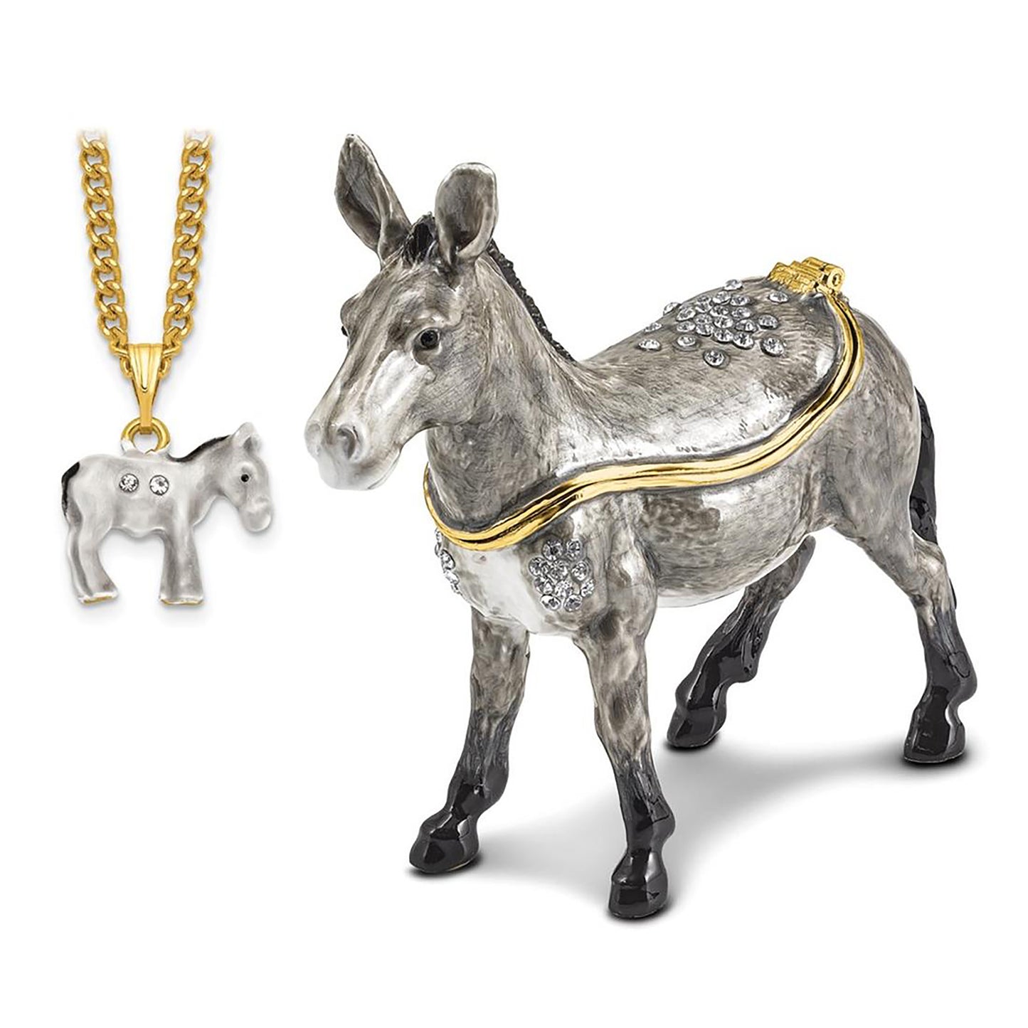 Pewter Bejeweled Crystals Gold-Tone Enameled Feisty Gray Donkey Trinket Container Bejeweled Trinket Box with Matching 18 Inch Necklace, Hand Painted Enameled Collectible Gift