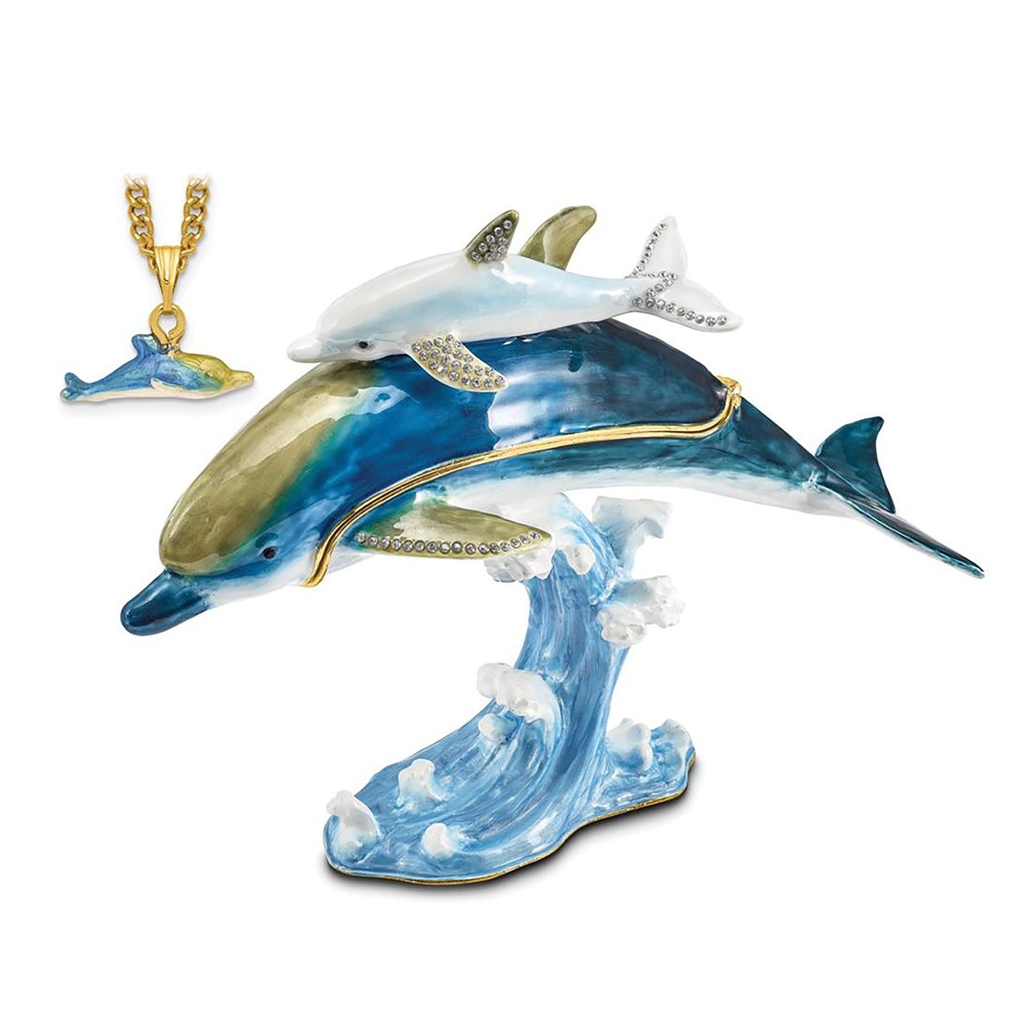 Pewter Bejeweled Crystals Gold-Tone Enameled Donovan And Donny Dolphins Trinket Container Bejeweled Trinket Box with Matching 18 Inch Necklace, Hand Painted Enameled Collectible Gift