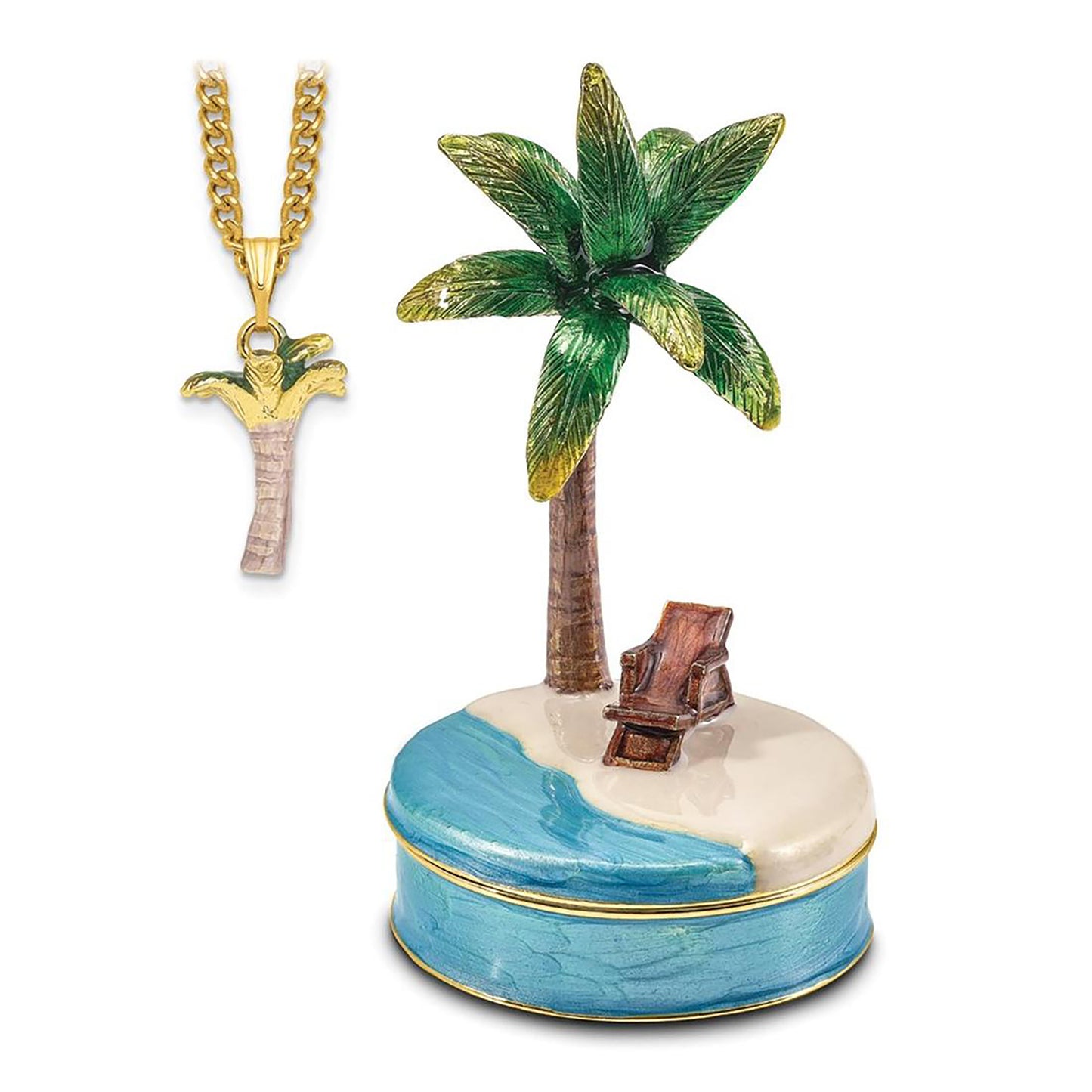 Pewter Bejeweled Crystals Gold-Tone Enameled Relax Palm Tree And Chair Trinket Container Bejeweled Trinket Box with Matching 18 Inch Necklace, Hand Painted Enameled Collectible Gift