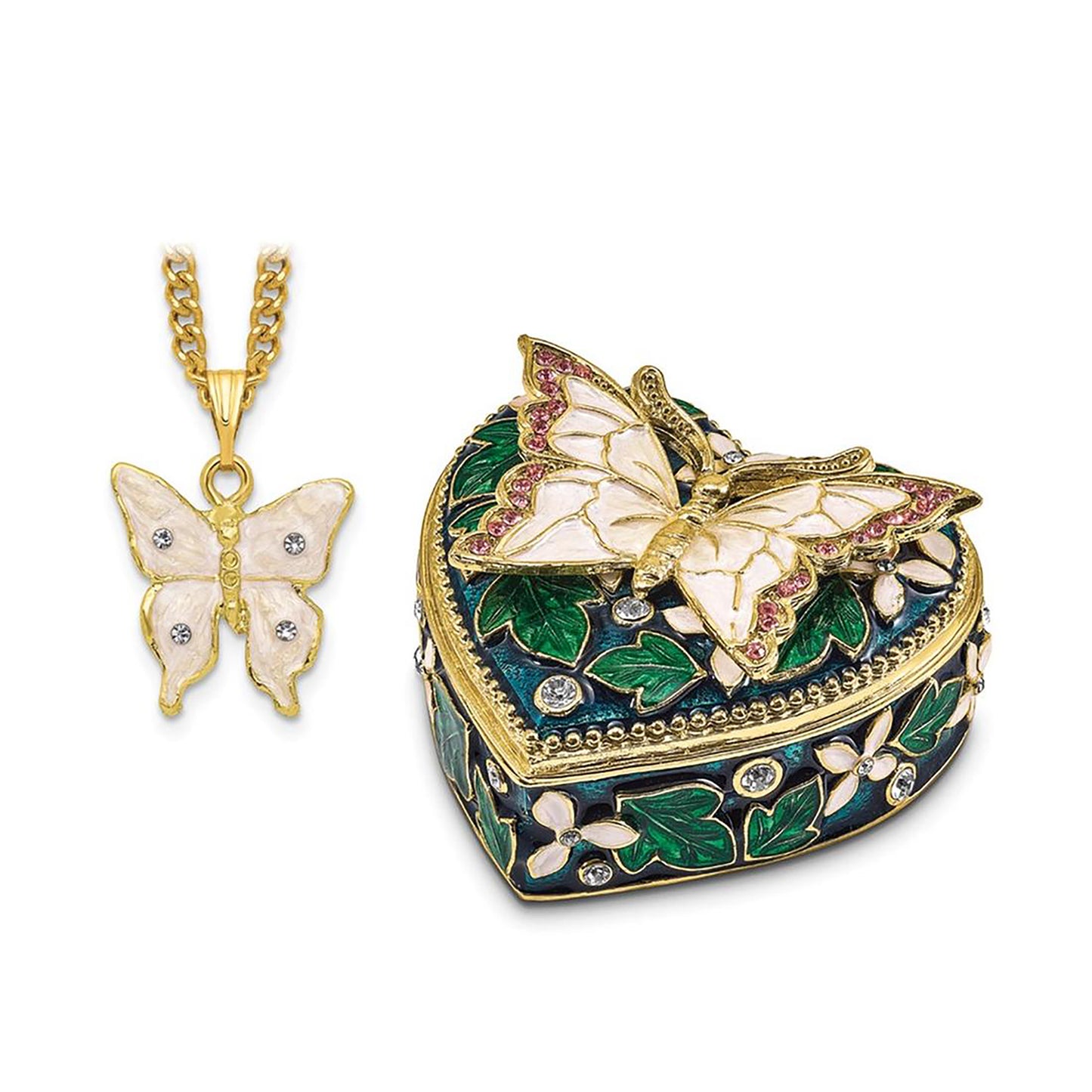 Pewter Bejeweled Crystals Gold-Tone Enameled Blush Pink Butterfly On Heart Trinket Container Bejeweled Trinket Box with Matching 18 Inch Necklace, Hand Painted Enameled Collectible Gift