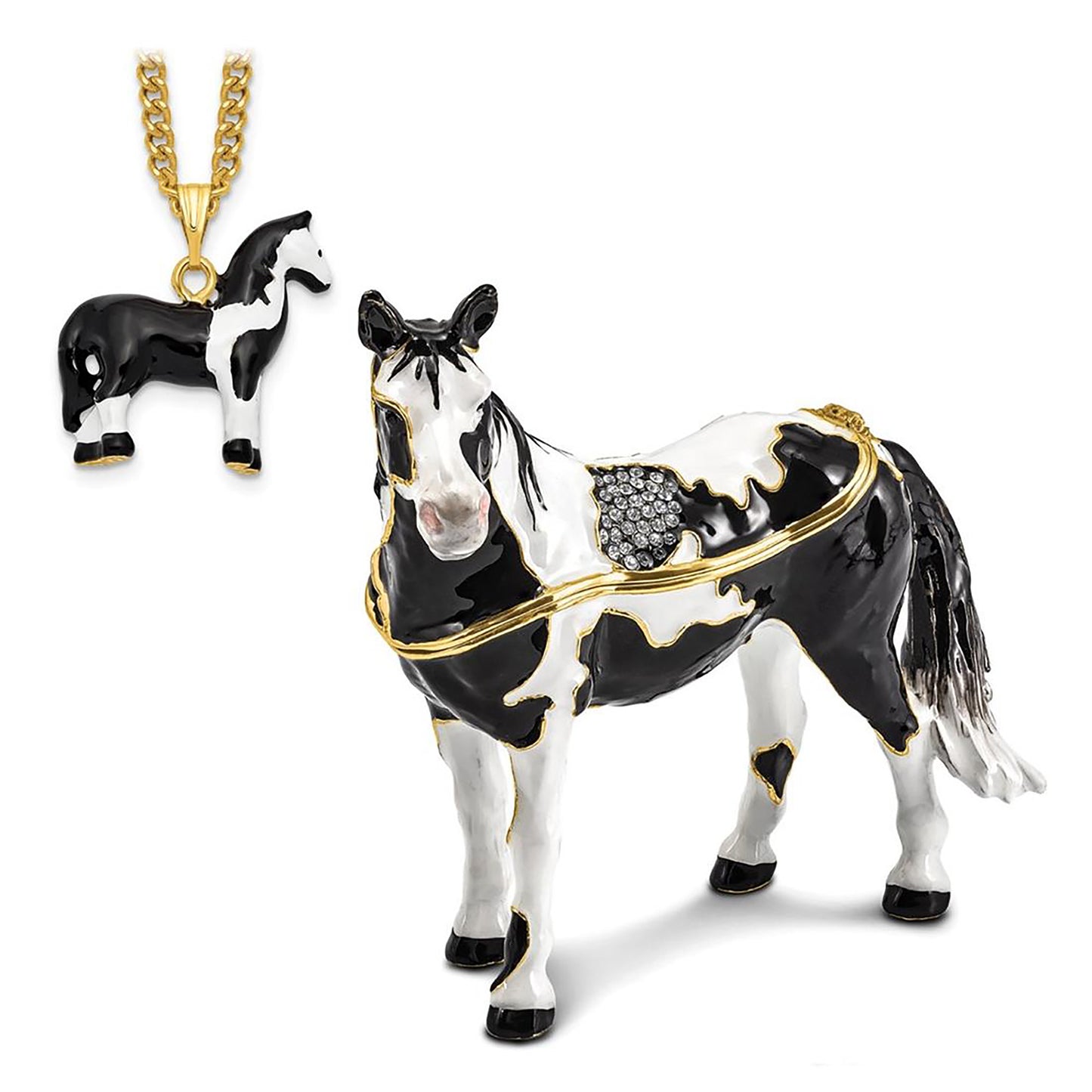 Pewter Bejeweled Crystals Gold-Tone Enameled Alpha Paint Horse Trinket Container Bejeweled Trinket Box with Matching 18 Inch Necklace, Hand Painted Enameled Collectible Gift