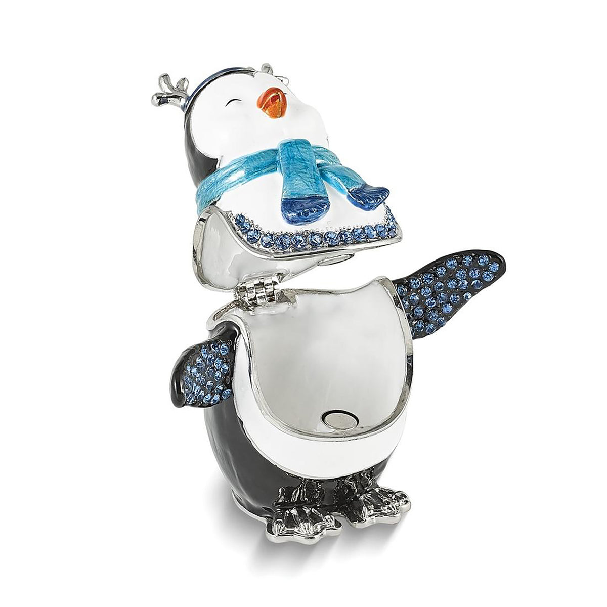 Pewter Bejeweled Crystals Silver-Tone Enameled Percy Penguin w Scarf Trinket Container Bejeweled Trinket Box with Matching 18 Inch Necklace, Hand Painted Enameled Collectible Gift