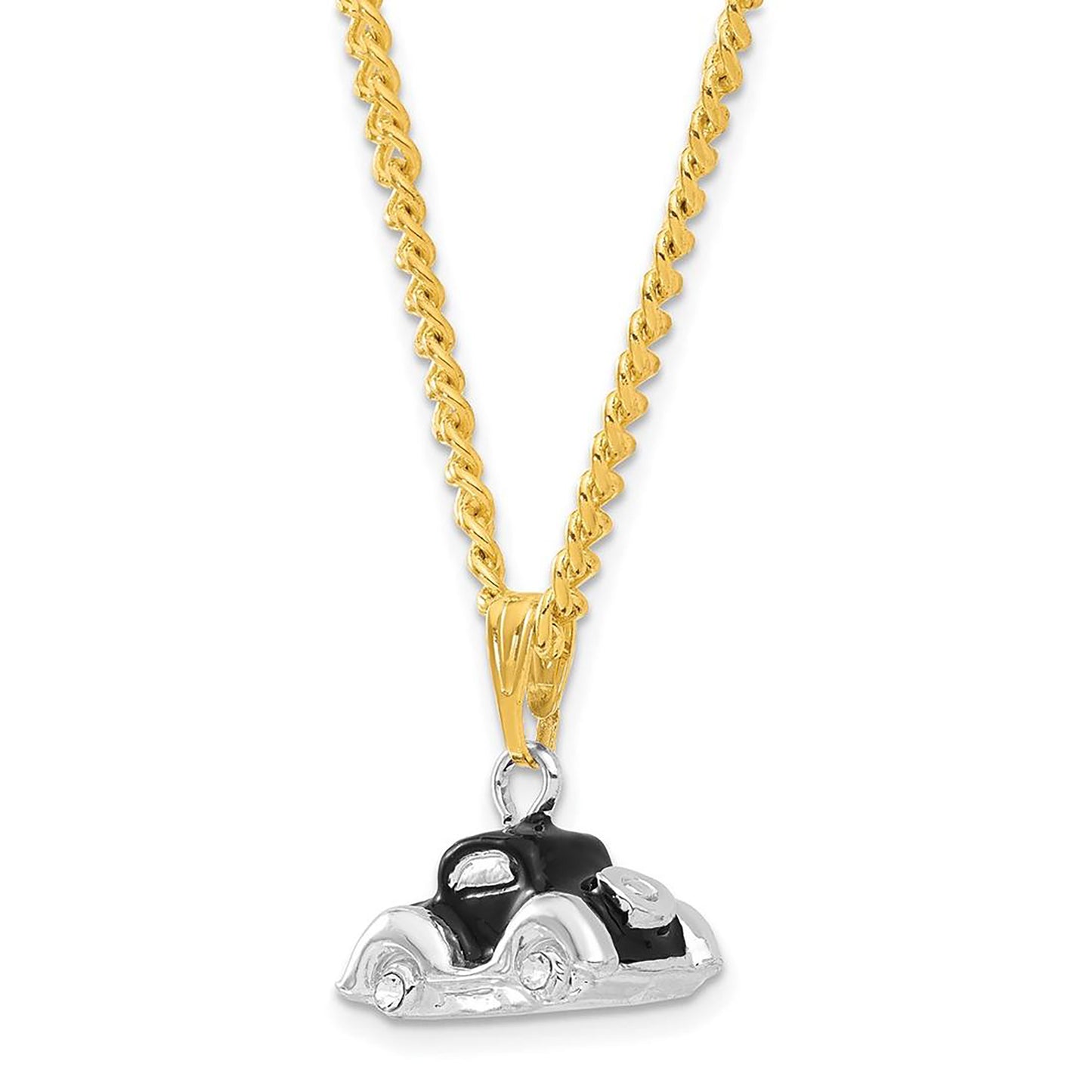 Pewter Bejeweled Crystals Silver-Tone Enameled Dean Black And White Car Trinket Container Bejeweled Trinket Box with Matching 18 Inch Necklace, Hand Painted Enameled Collectible Gift