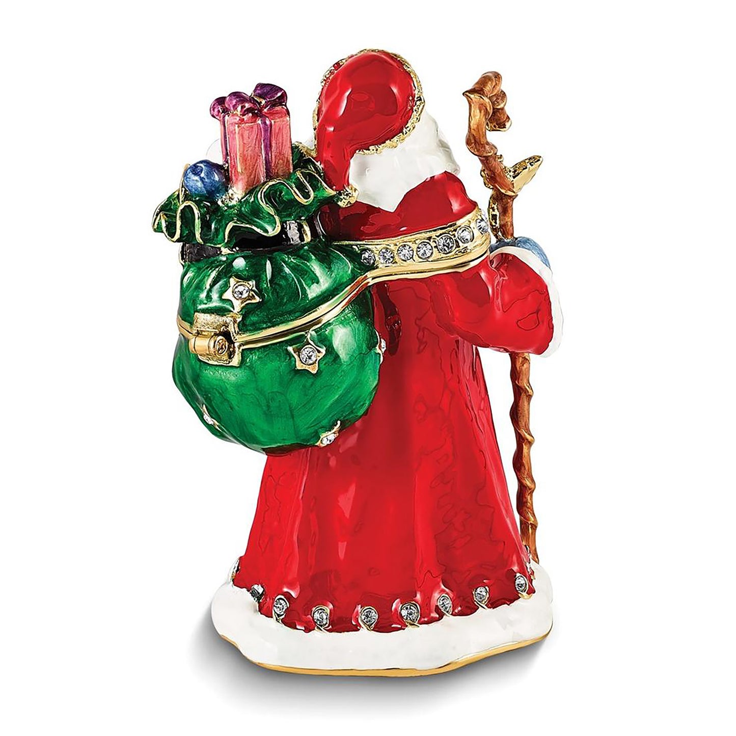 Pewter Bejeweled Crystals Gold-Tone Enameled Noble Santa w Gifts & Staff Trinket Container Bejeweled Trinket Box with Matching 18 Inch Necklace, Hand Painted Enameled Collectible Gift
