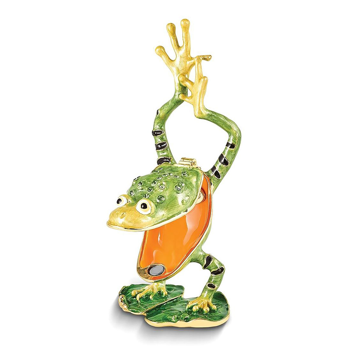 Pewter Bejeweled Crystals Gold-Tone Enameled Jensen Handstand Frog On Lily Pad Trinket Container Bejeweled Trinket Box with Matching 18 Inch Necklace, Hand Painted Enameled Collectible Gift
